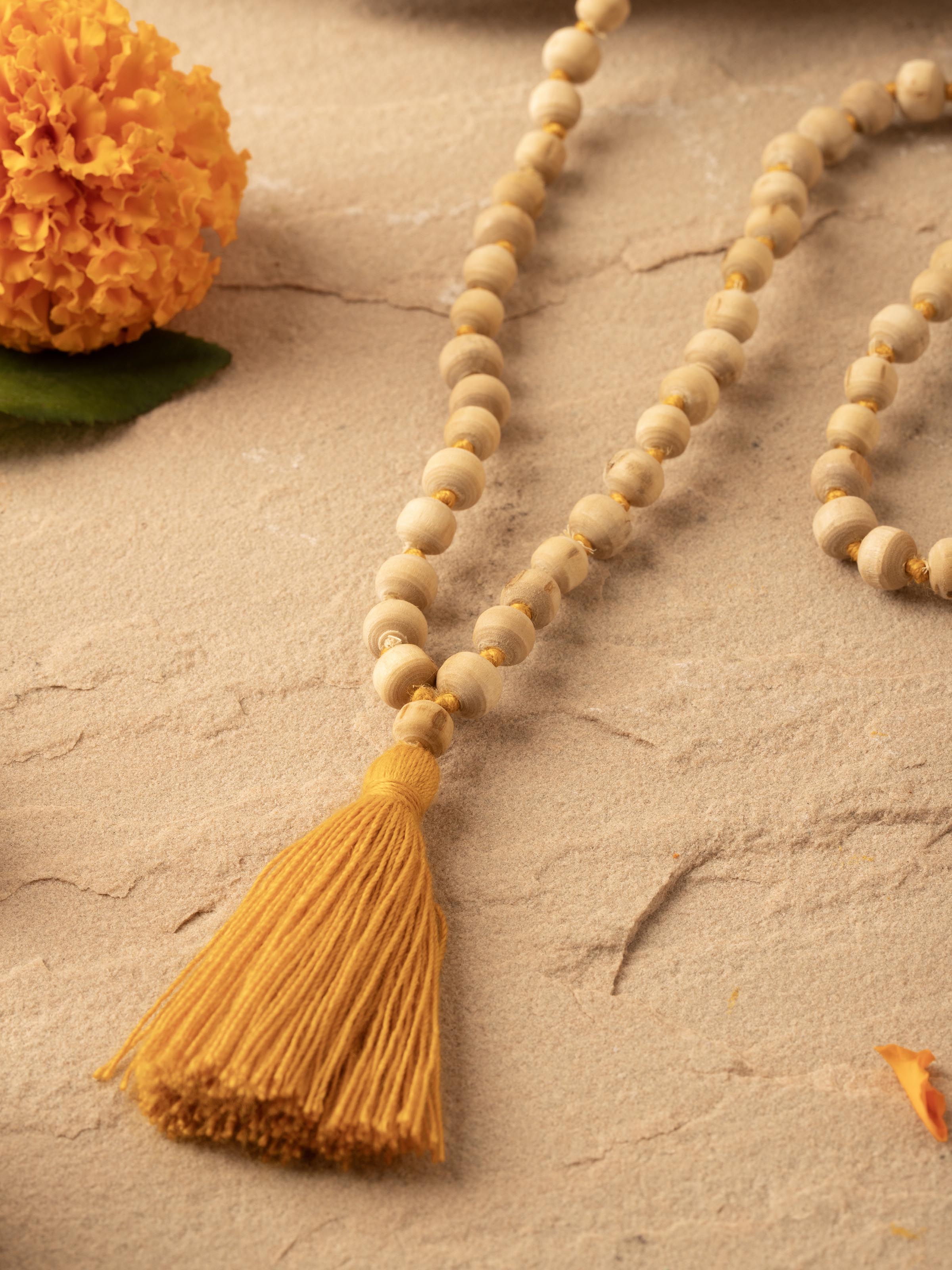 Overhead view of Tulsi Mala (6mm) displaying the full length and arrangement of the beads.