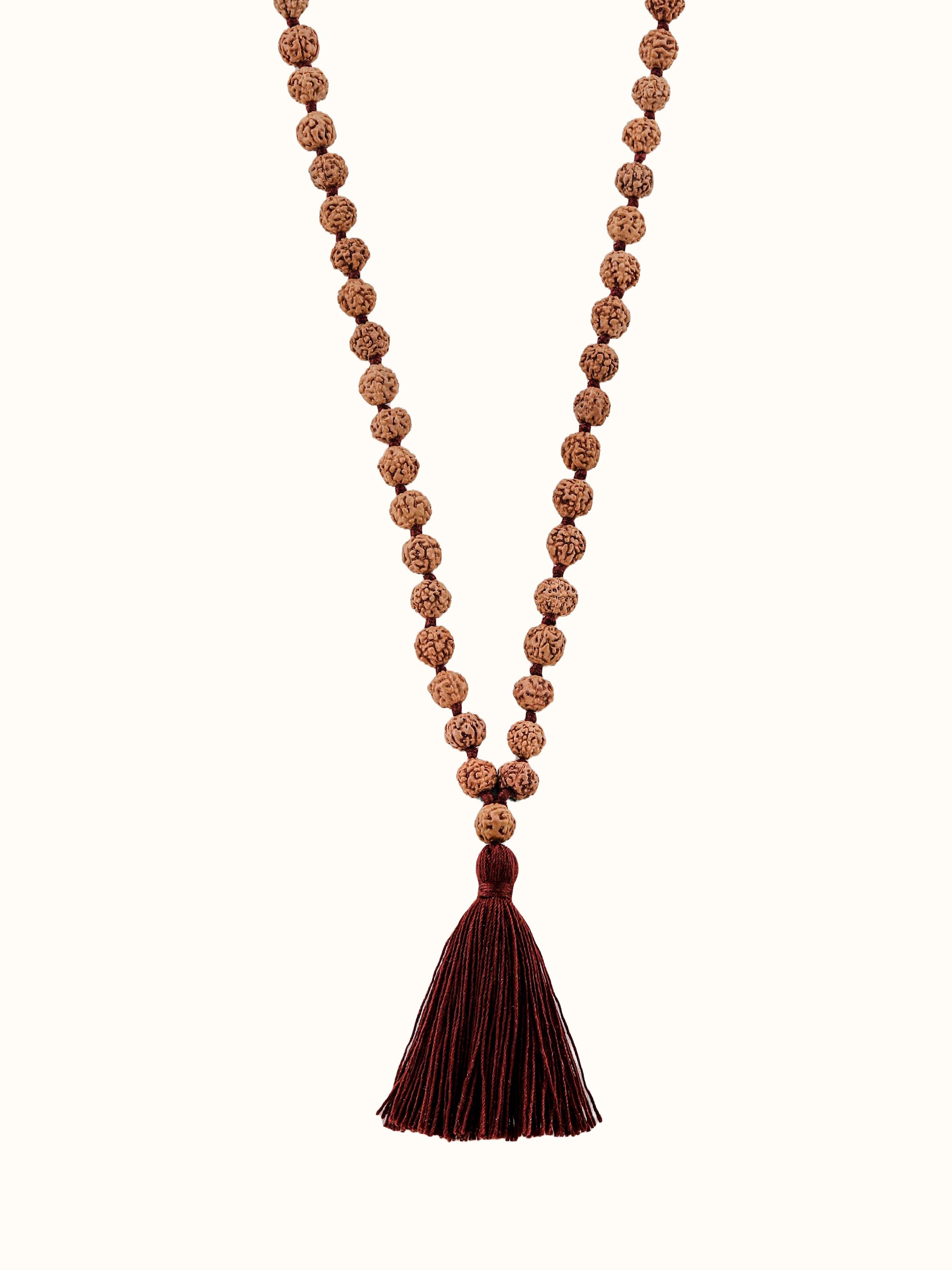 Front view of Khuri Panchmukhi Rudraksha Mala (4mm) displaying smooth, rounded rudraksha beads strung on a thread