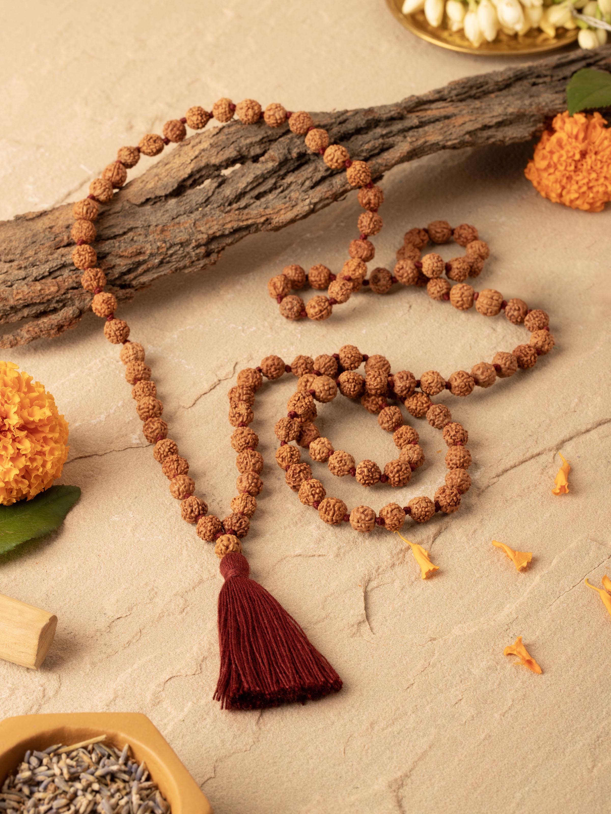 Detailed image of Khuri Panchmukhi Rudraksha Mala (4mm) highlighting the uniformity and quality of the beads