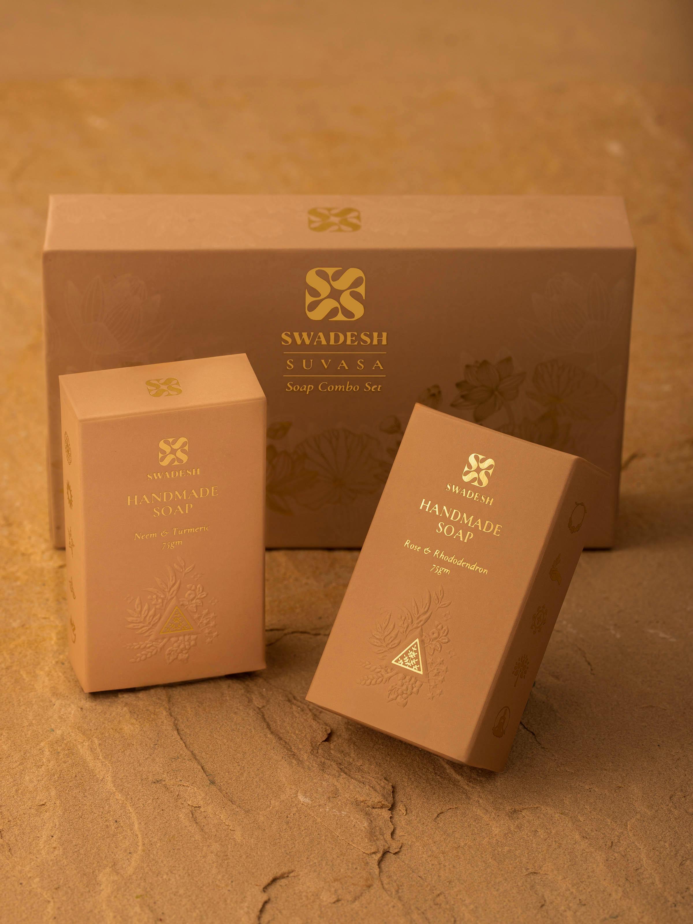 Side view of Suvasa Soap Combo Set (Pack of 2) displaying the soap bars and their packaging details.