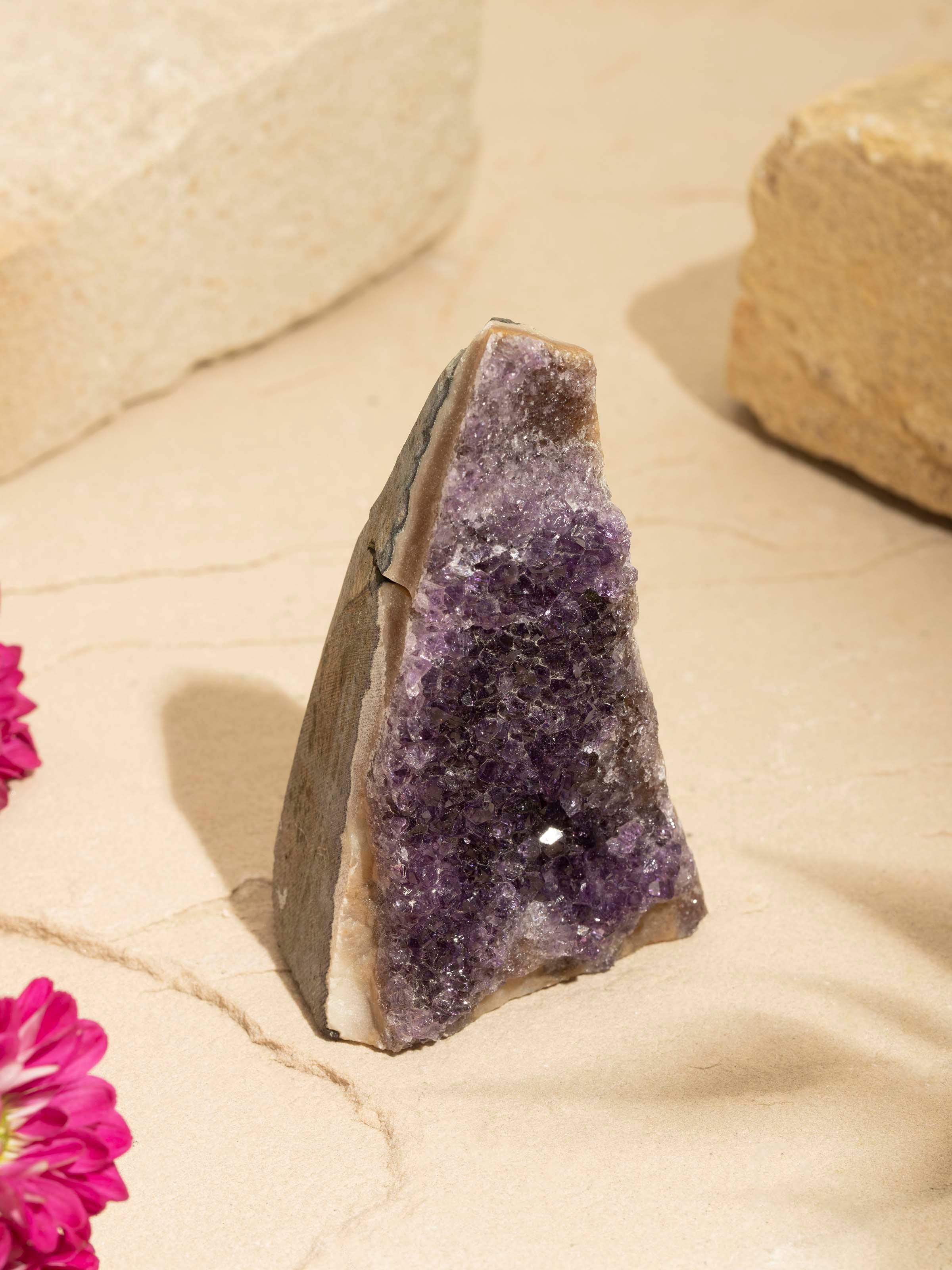 Close-up of Medium Amethyst Geode highlighting the intricate crystal formations and rich purple hues