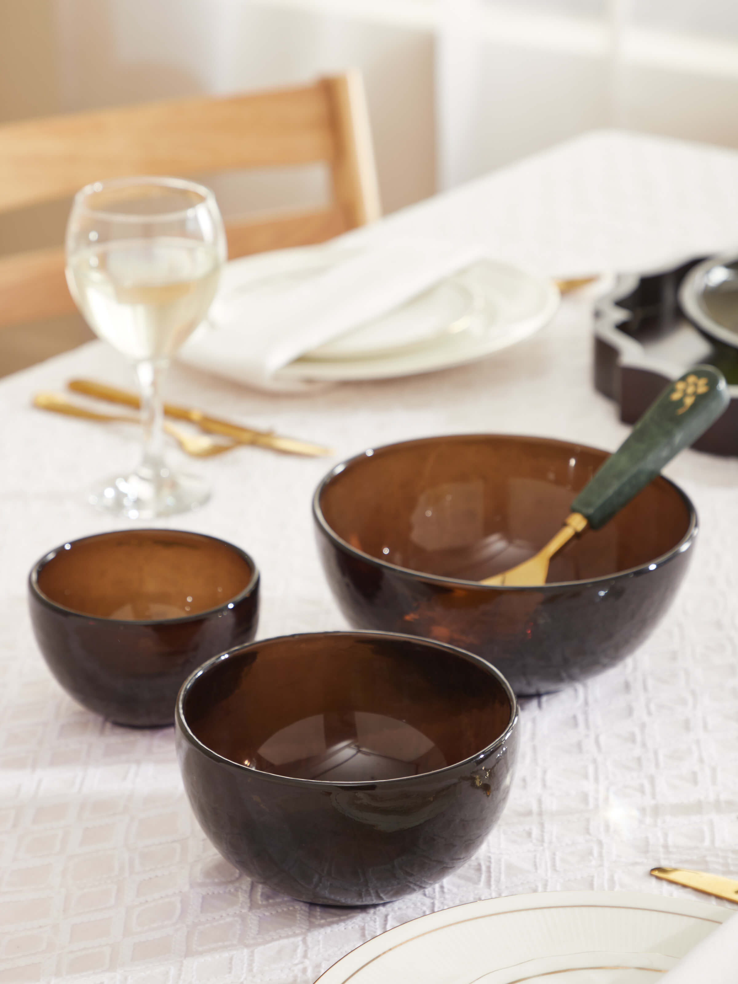 Side view of Firozabadi glass work serving bowls (3 pcs) showcasing the detailed glasswork and elegant shape