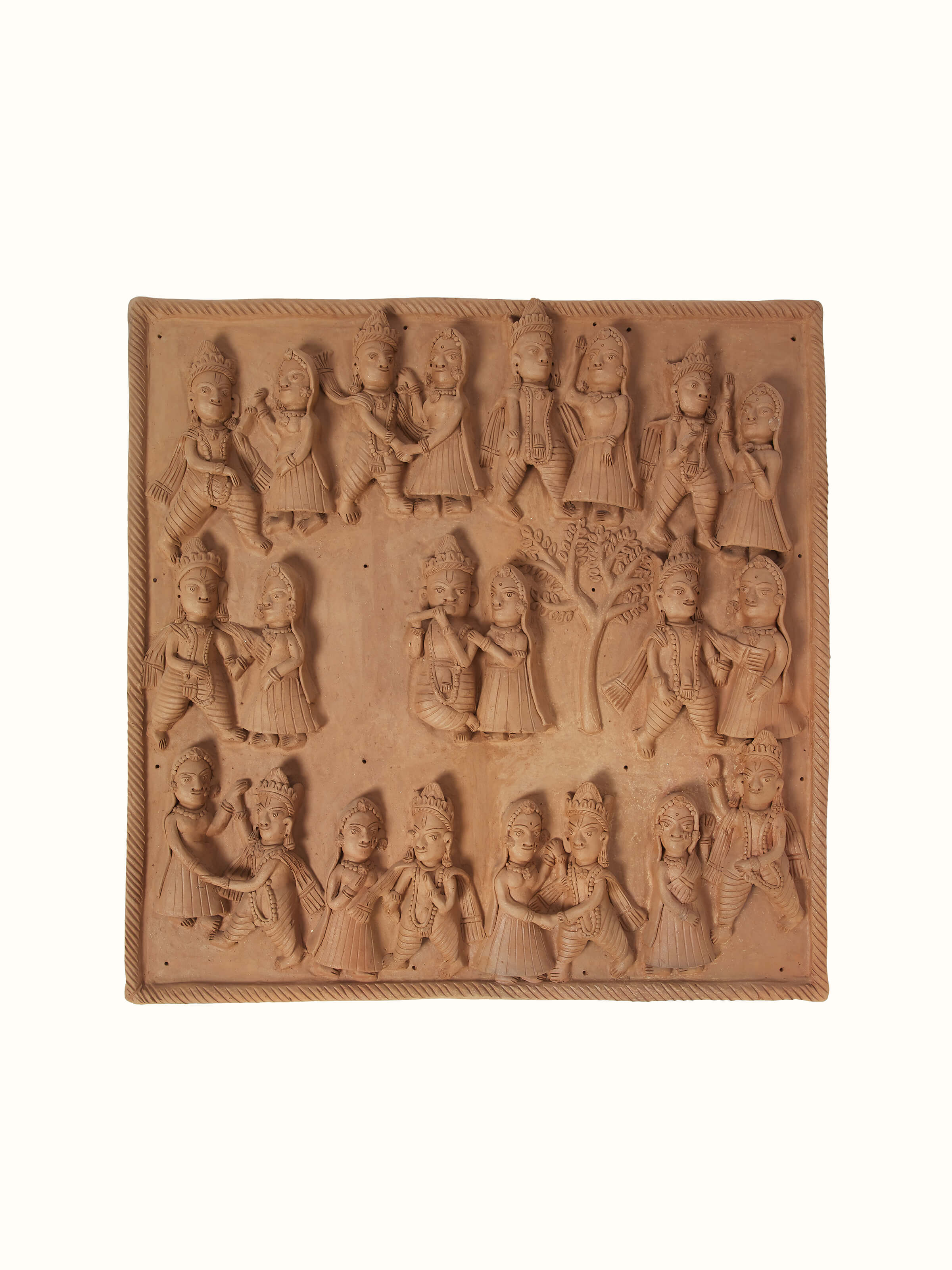 Front view of Terracotta clay Radha Krishna raas leela idol with detailed craftsmanship