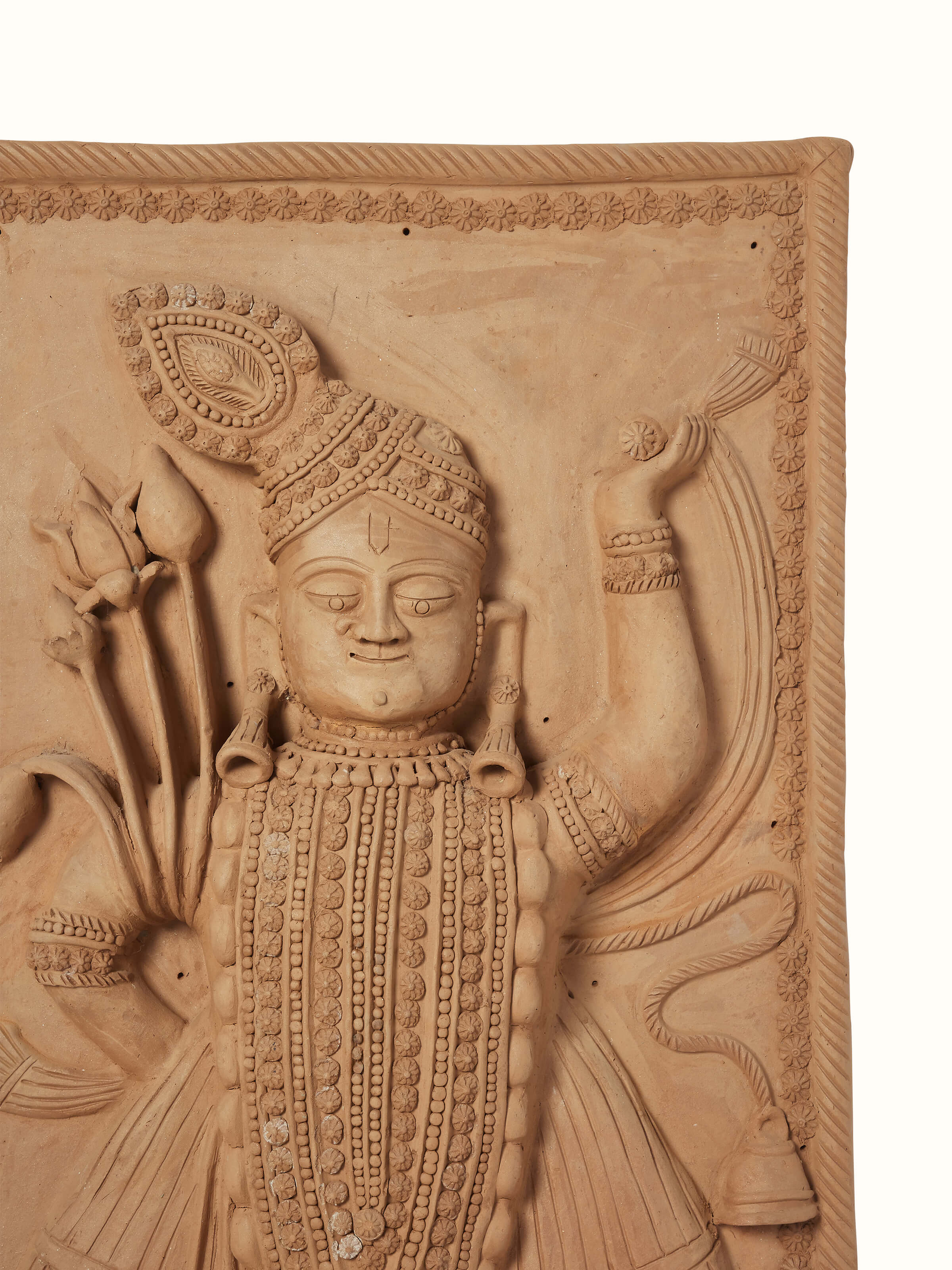 Detailed view of Terracotta clay Shreenath ji idol highlighting the intricate clay work and traditional features