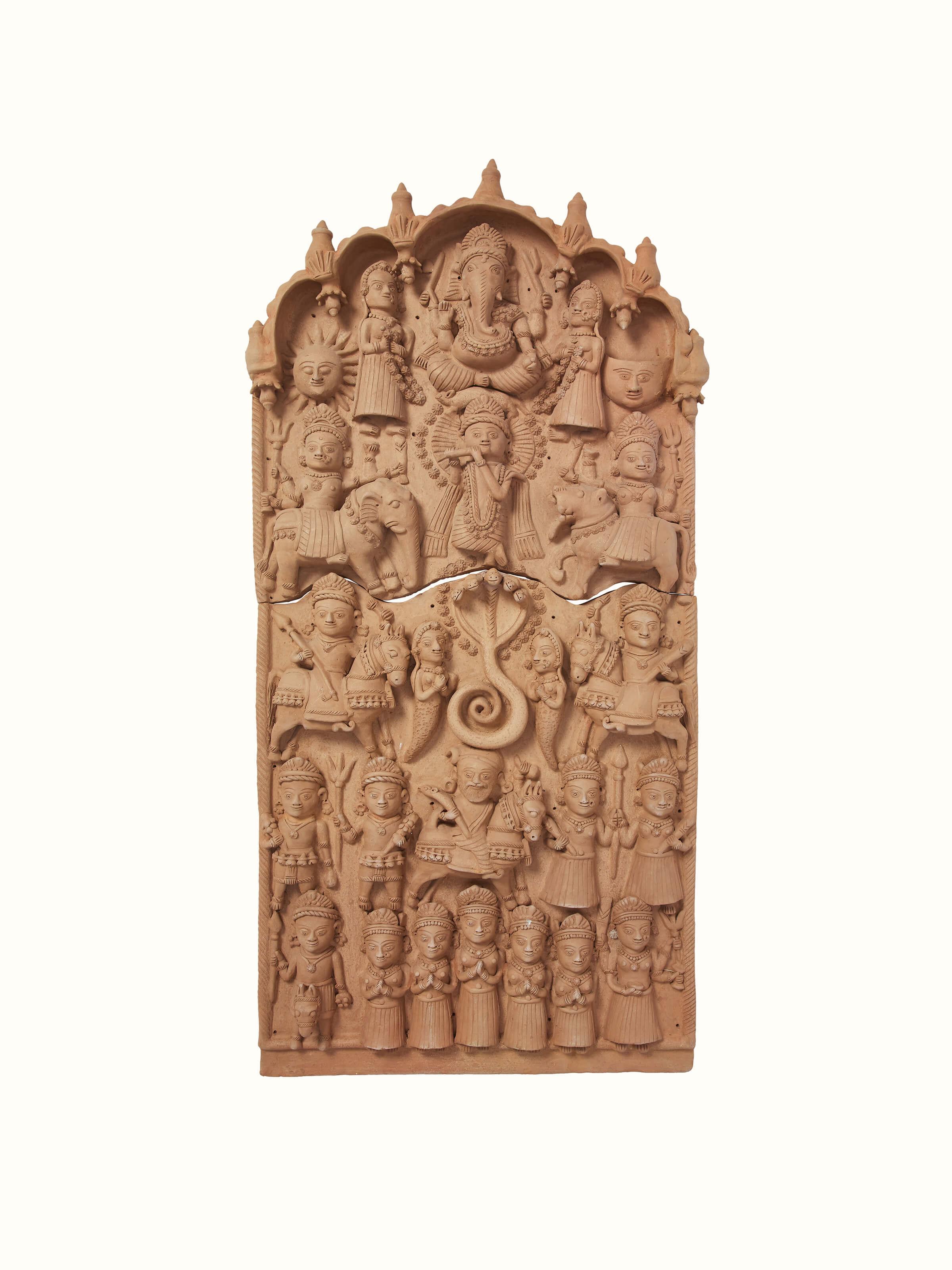 Front view of Terracotta clay Krishna story idol featuring detailed craftsmanship and vibrant colors