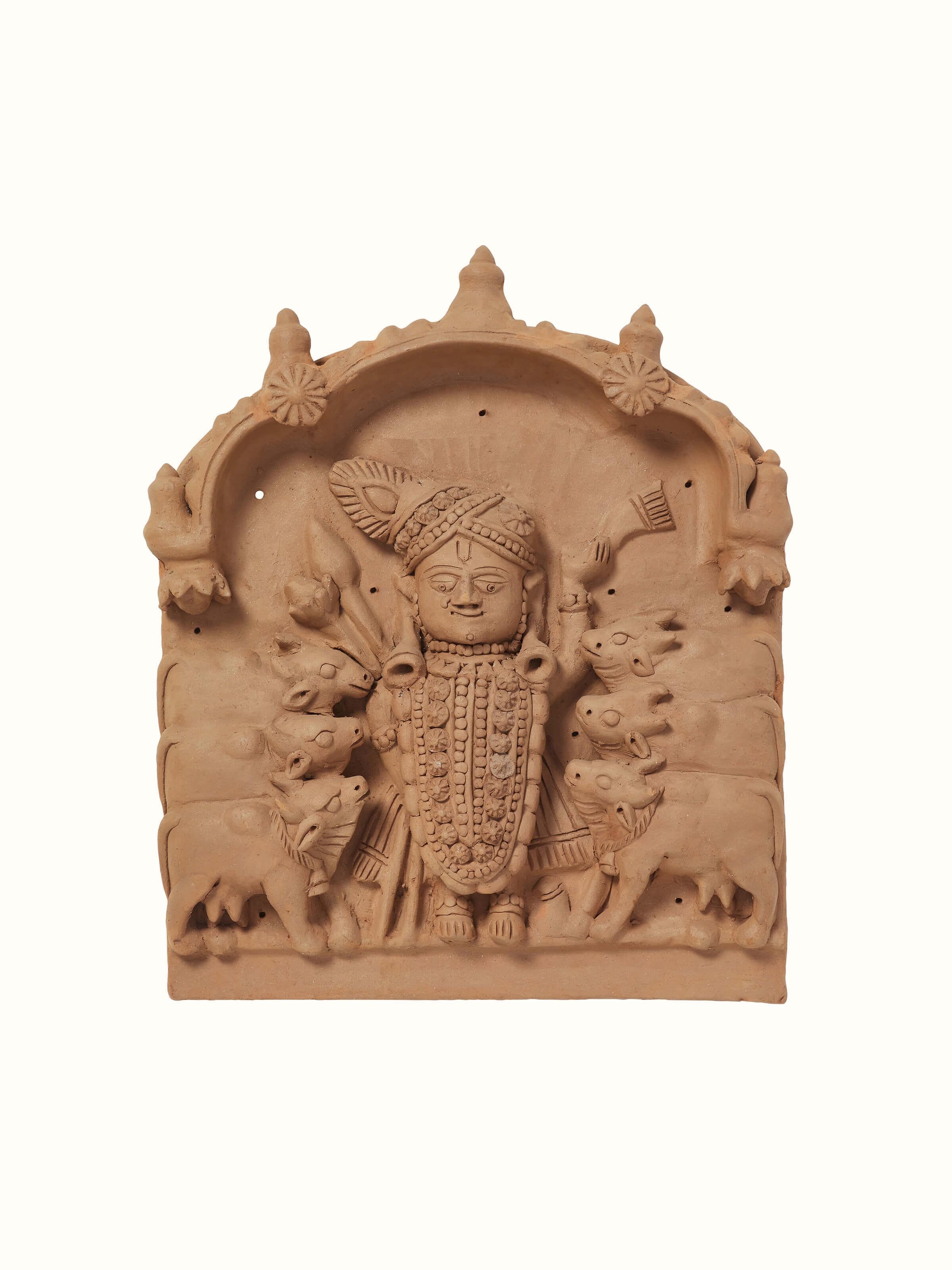 Front view of Terracotta clay Shreenath ji with cows idol showcasing detailed craftsmanship