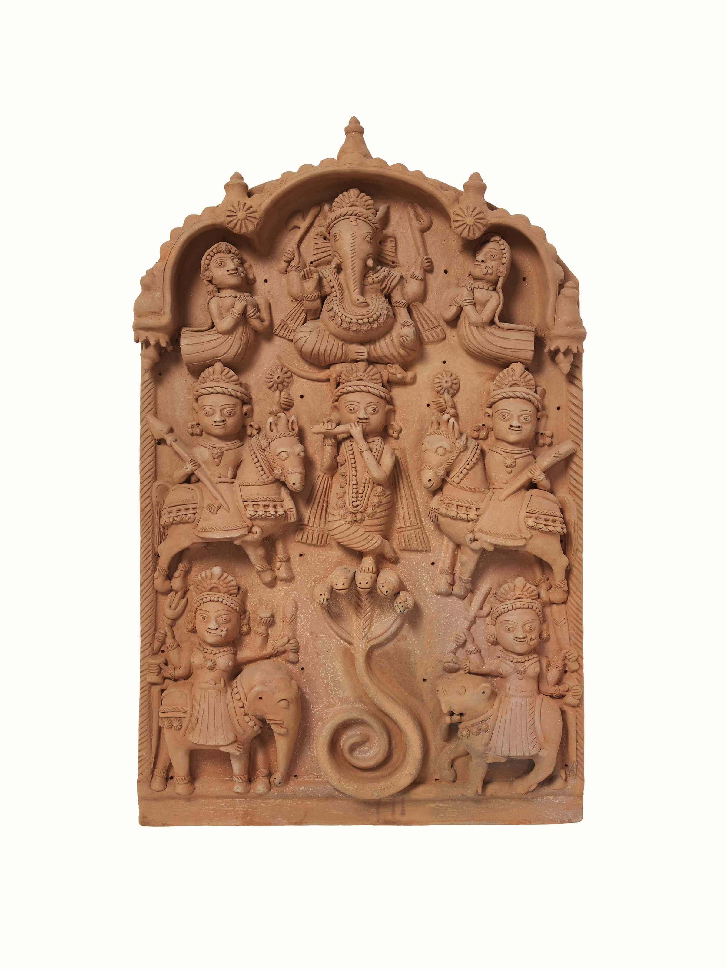 Front view of Terracotta Clay Ganesha Idol showcasing its intricate design and artistic details.