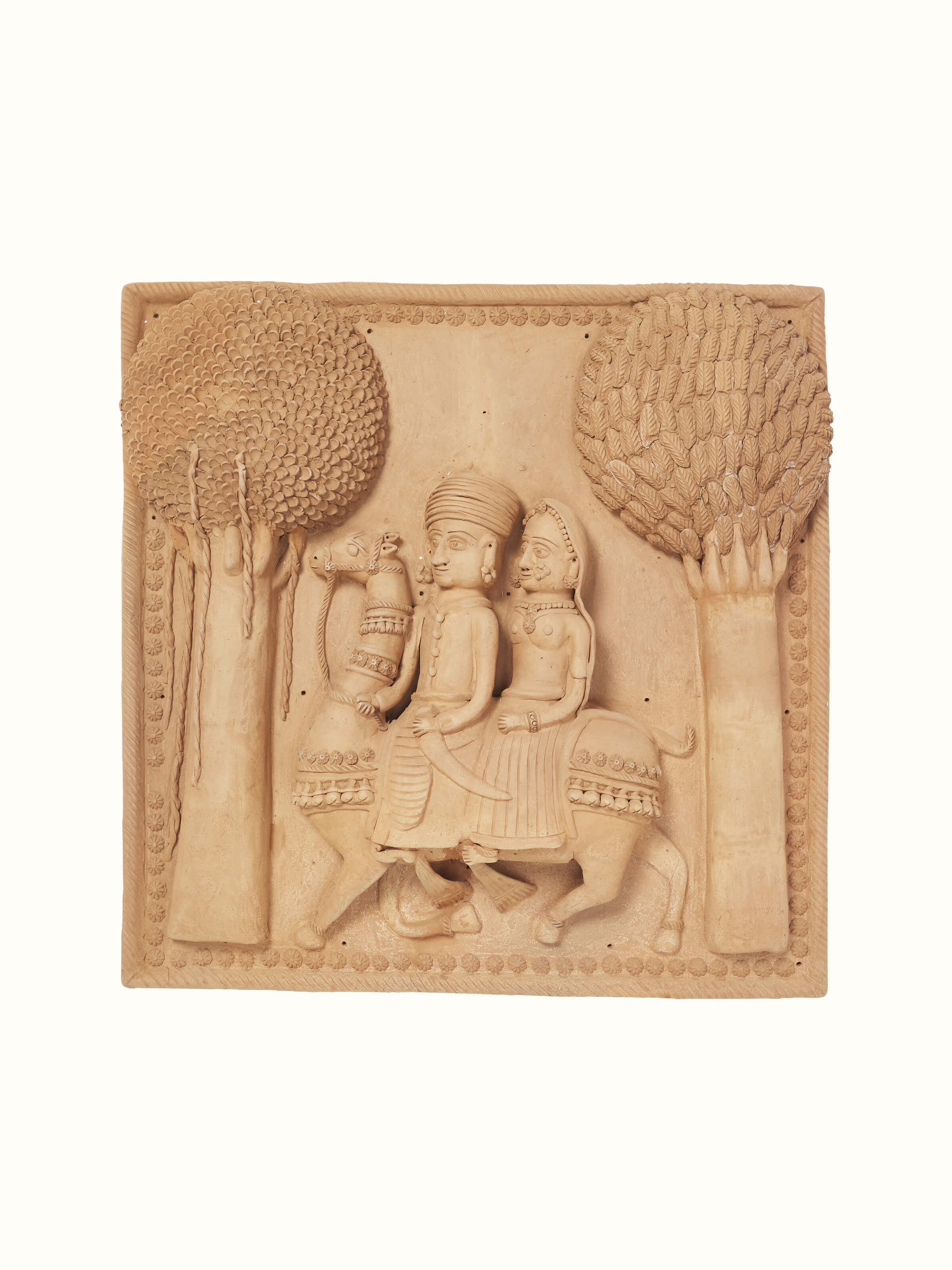 Front view of Terracotta clay Dhola Maru sculpture showing detailed artistry