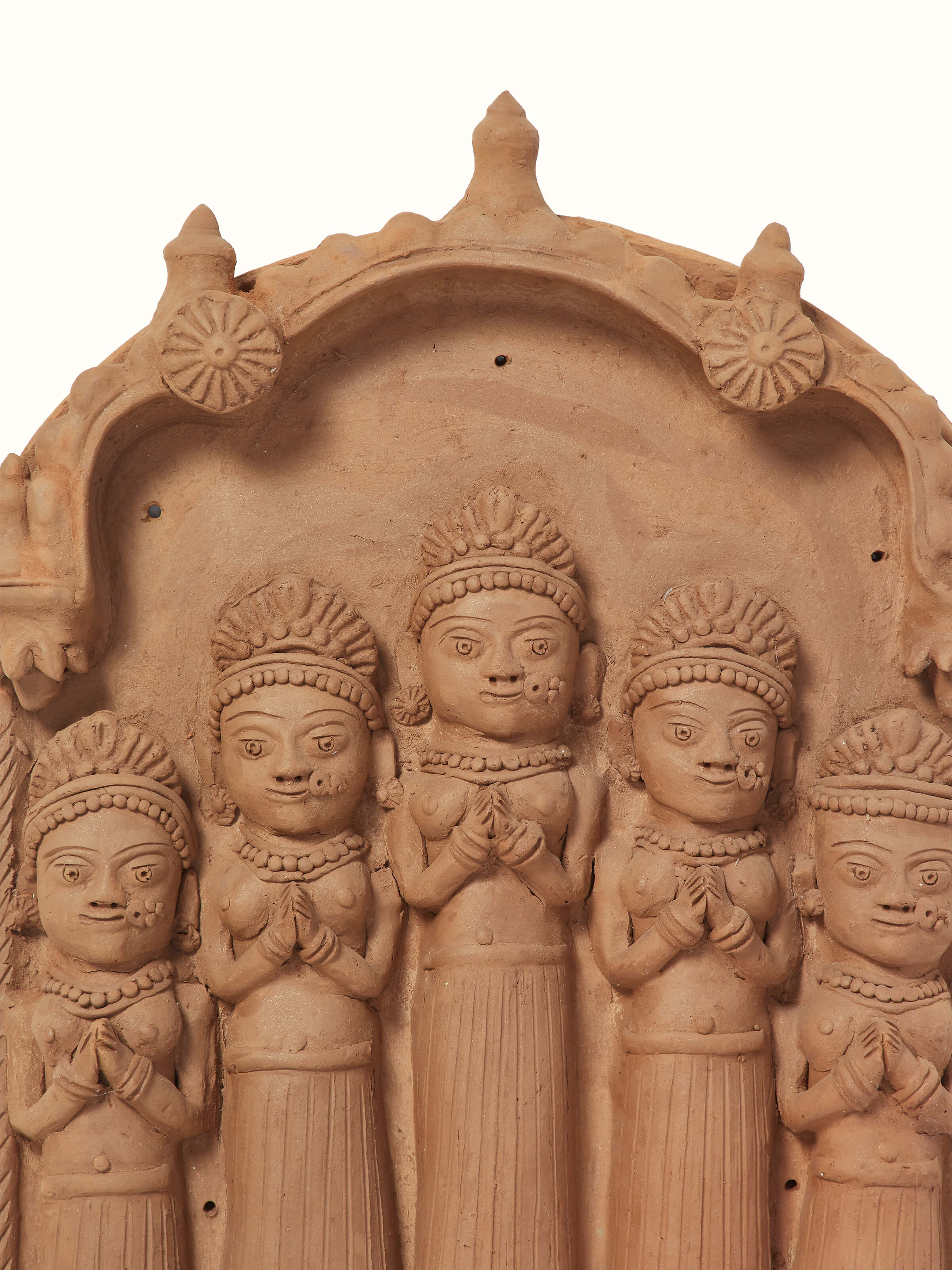 Detailed view of Terracotta clay five lords sculpture highlighting intricate details and textures