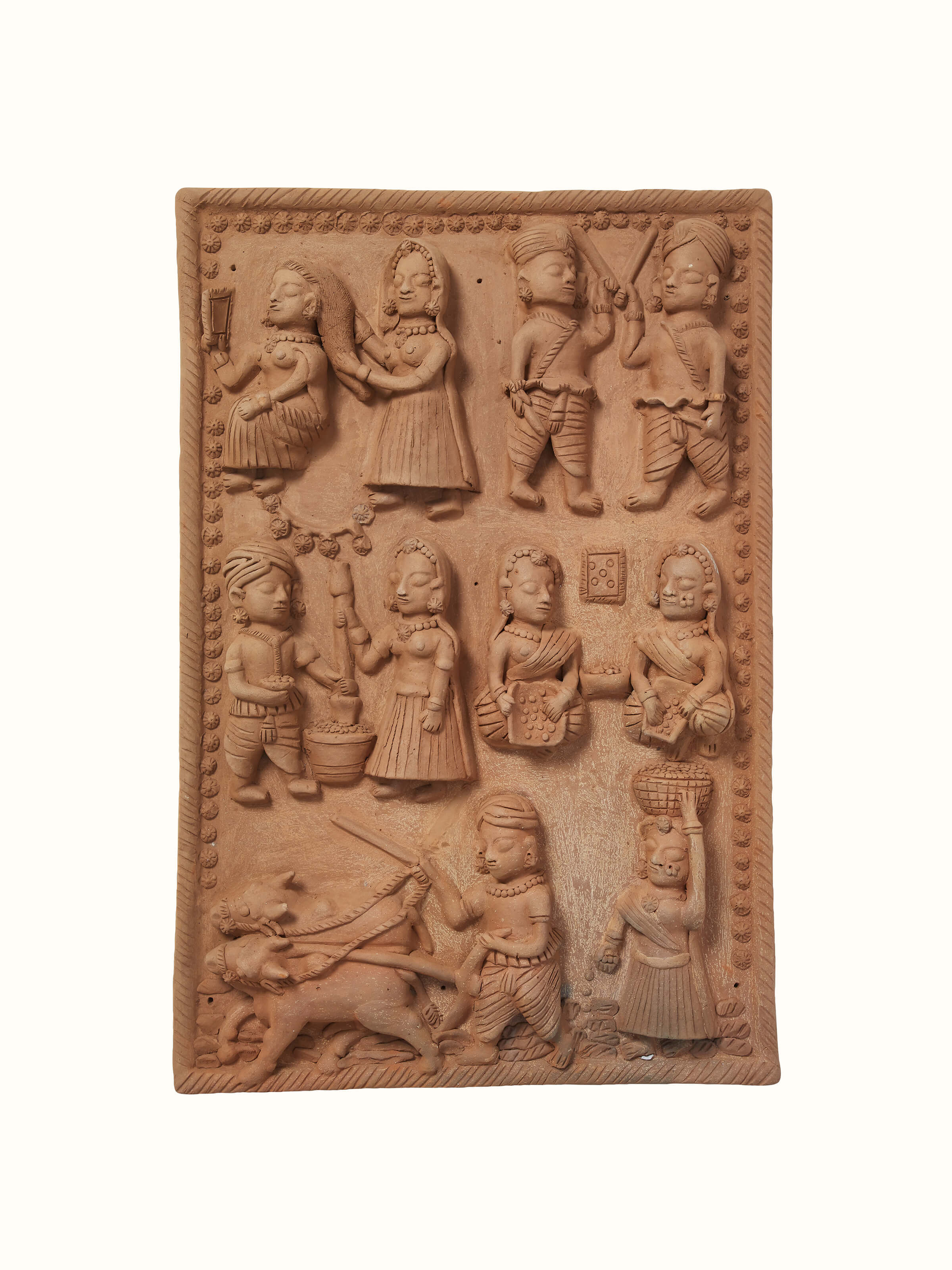 Front view of picturesque terracotta clay village scene sculpture showcasing detailed craftsmanship