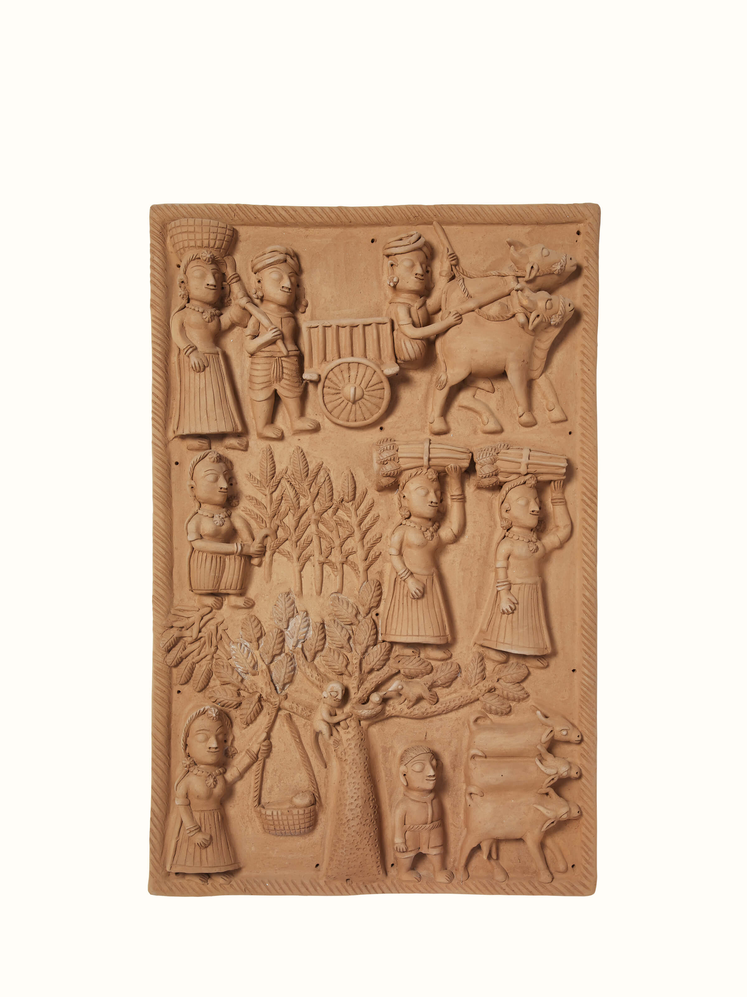 Front view of Terracotta Clay Village Scene Sculpture featuring detailed traditional craftsmanship.