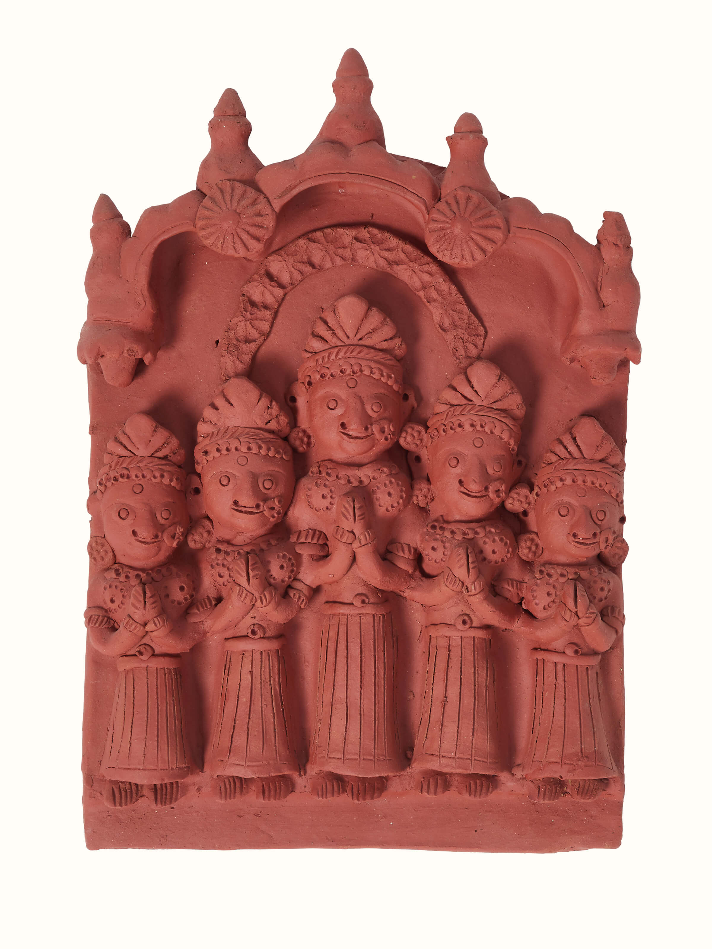 Front view of terracotta clay five lords sculpture, featuring detailed sculptural elements and craftsmanship.