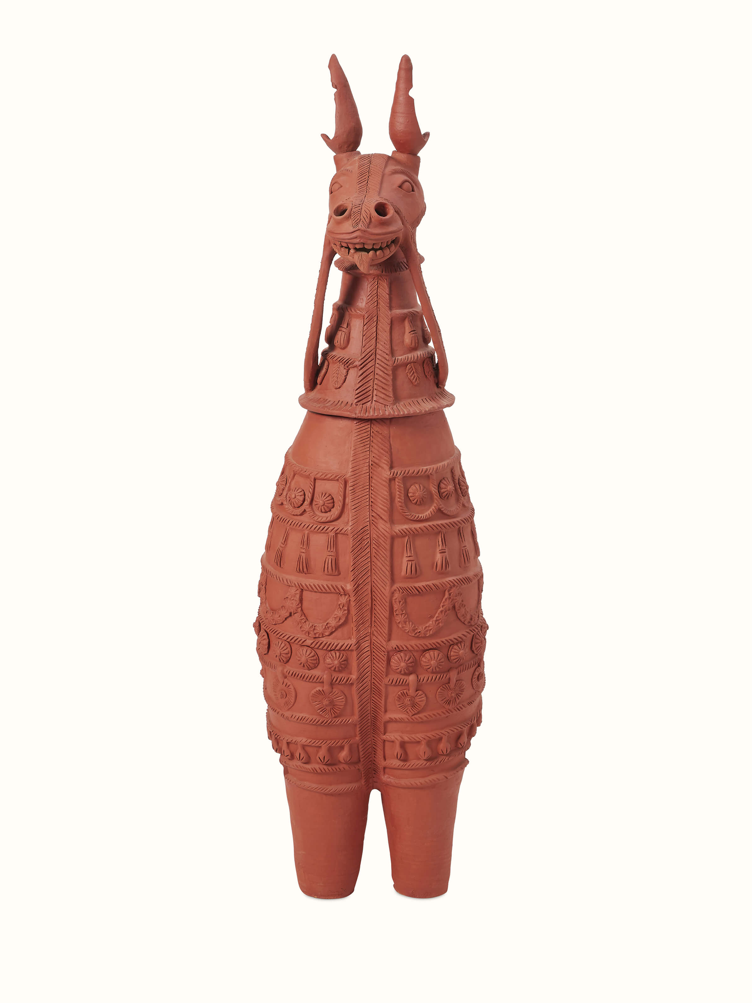 Front view of Terracotta clay horse sculpture showcasing traditional design and detailed craftsmanship.