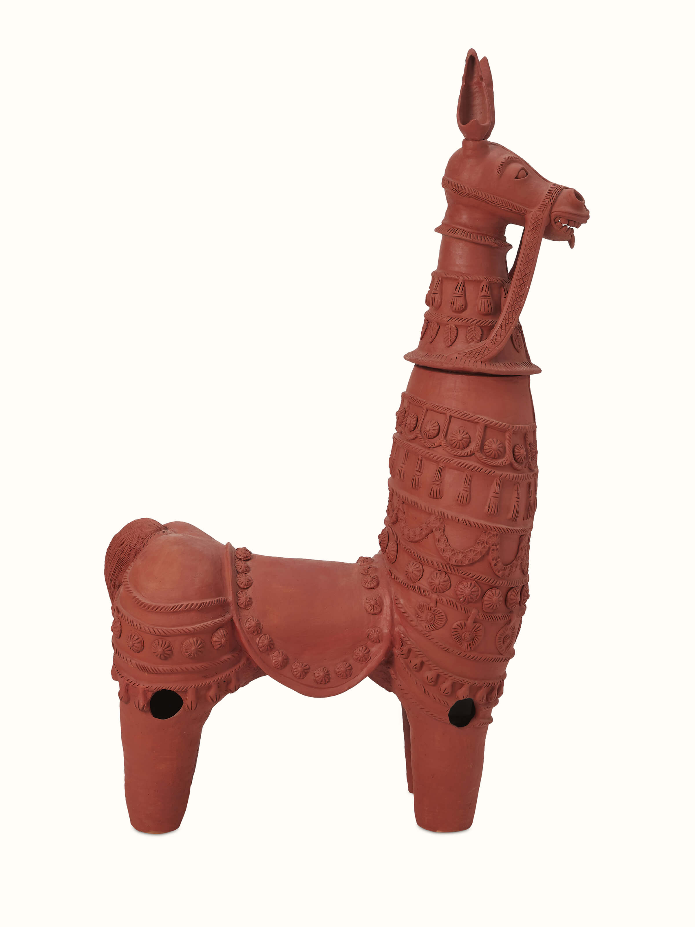Close-up view of Terracotta clay horse sculpture focusing on detailed sculpting and texture.