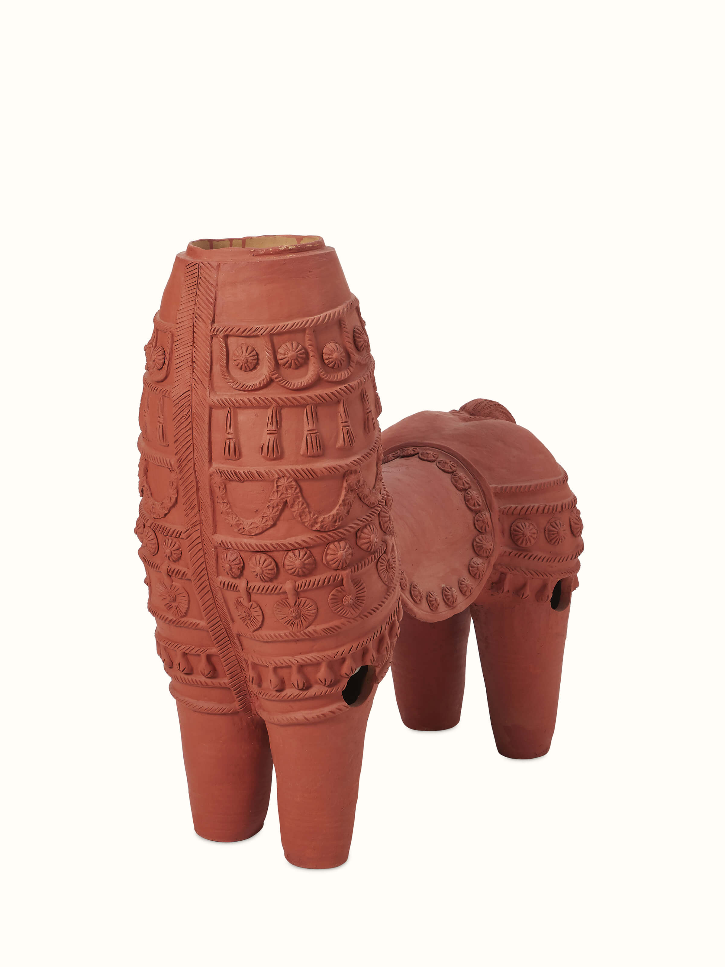 Angled view of Terracotta clay horse sculpture showing detailed artistry and traditional style.
