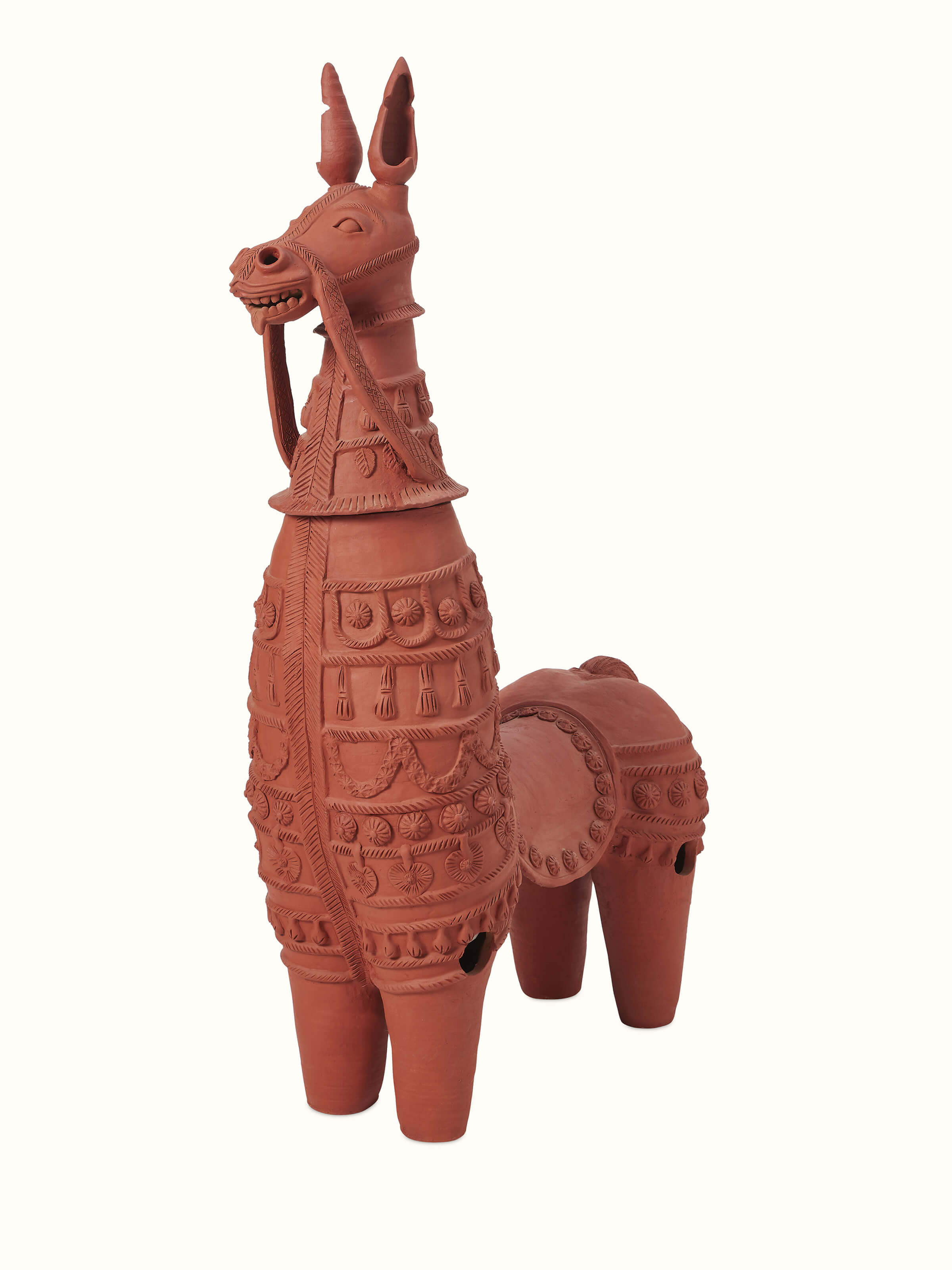 Side view of Terracotta clay horse sculpture highlighting intricate details and artistic finish.