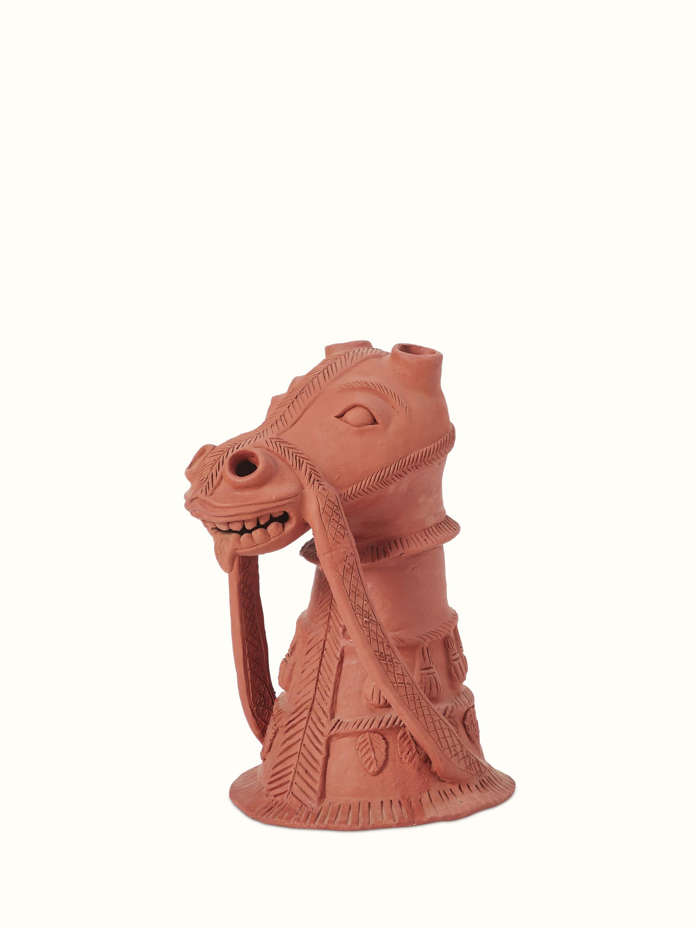 Angled view of Terracotta Clay Horse Sculpture displaying the overall form and details of the horse