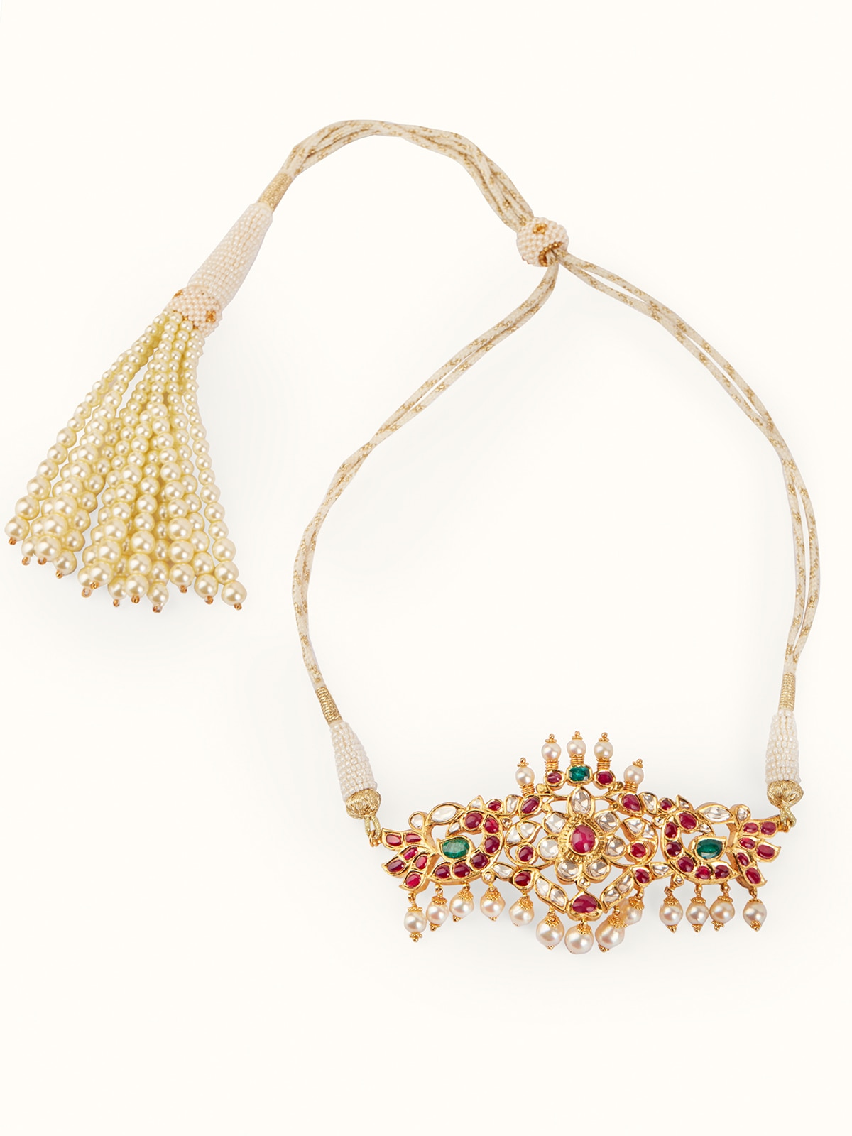Front view of Hyderabad Jadau 22 Karat Gold Choker displaying traditional jadau craftsmanship and gold detailing.