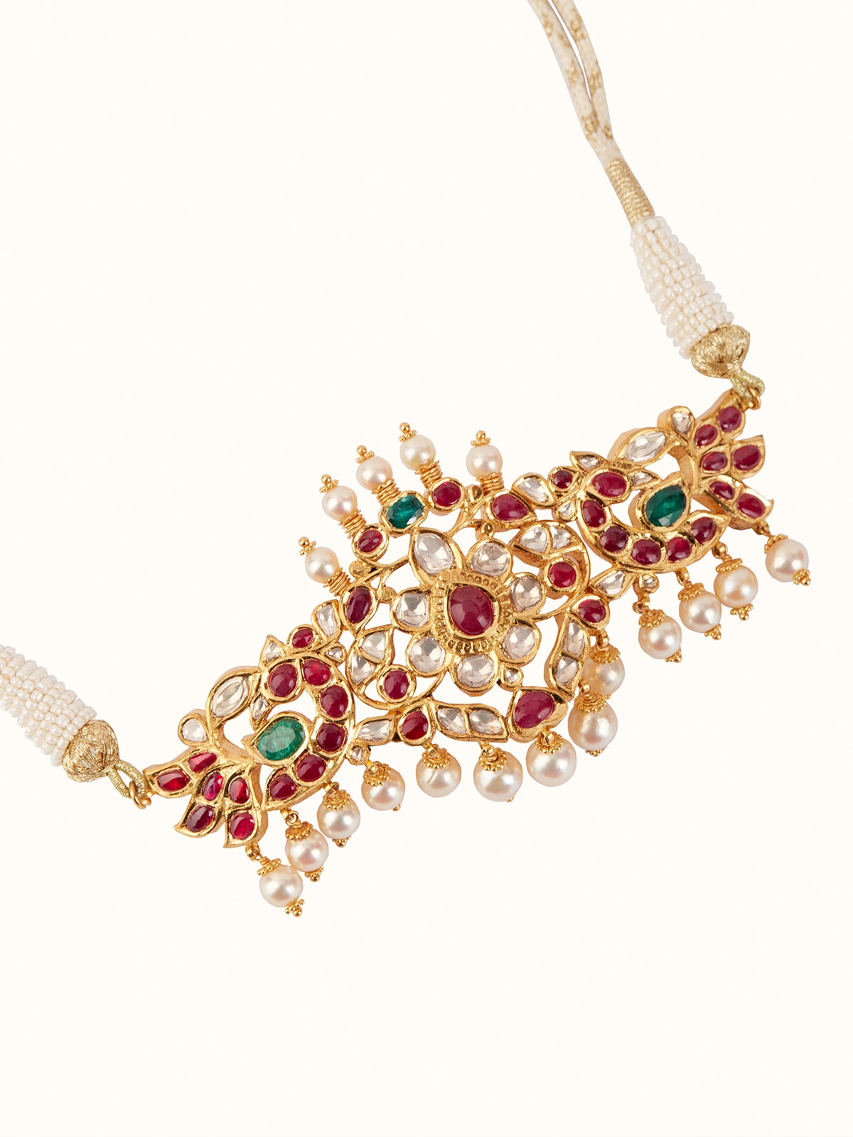 Side view of Hyderabad Jadau 22 Karat Gold Choker showing the elegant curvature and detailed embellishments.