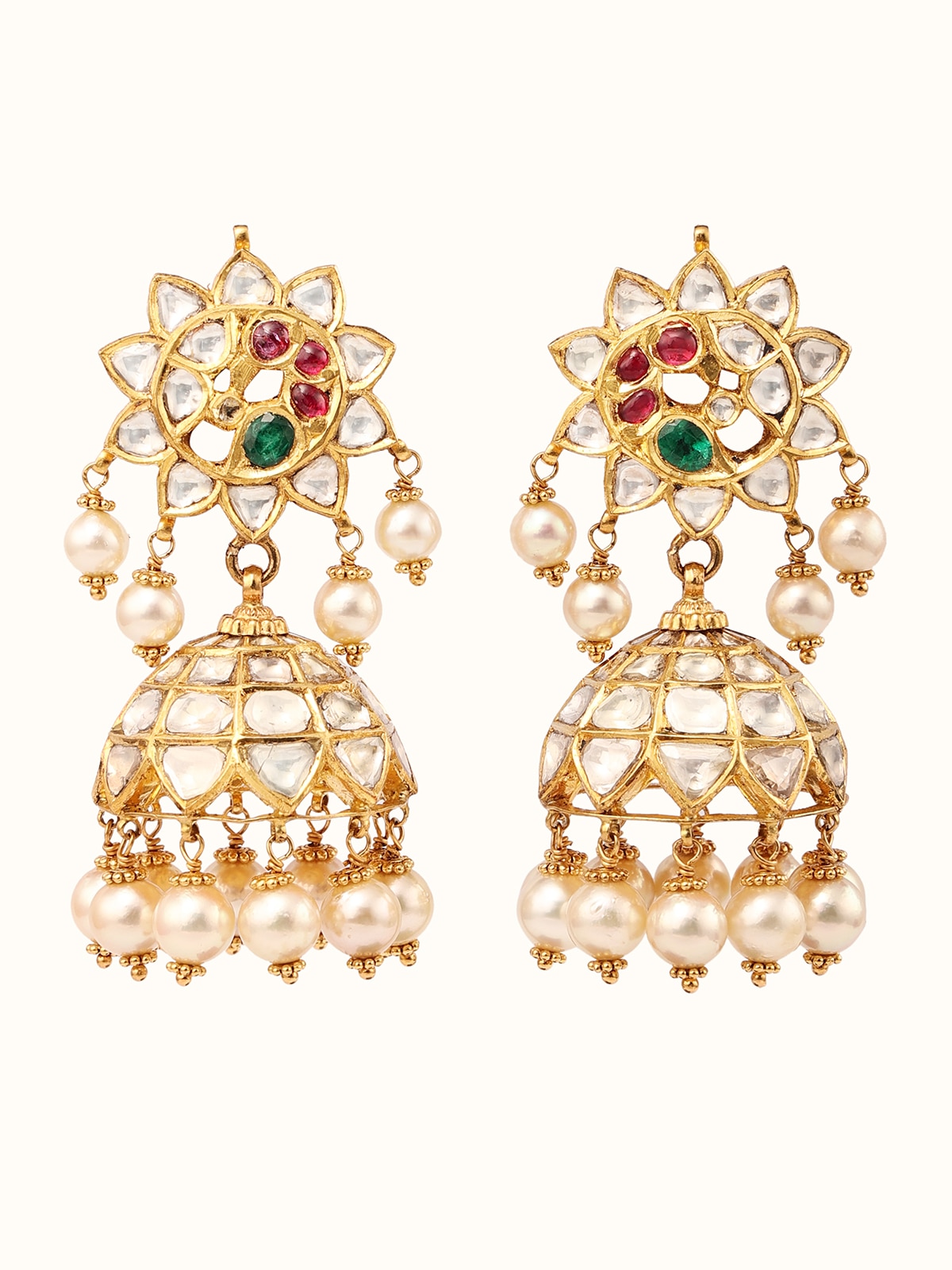 Front view of Hyderabad Jadau 22 karat gold drop earrings showcasing intricate goldwork