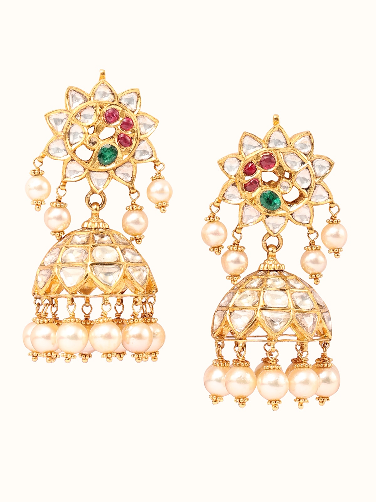 Close-up view of Hyderabad Jadau 22 karat gold drop earrings emphasizing fine craftsmanship