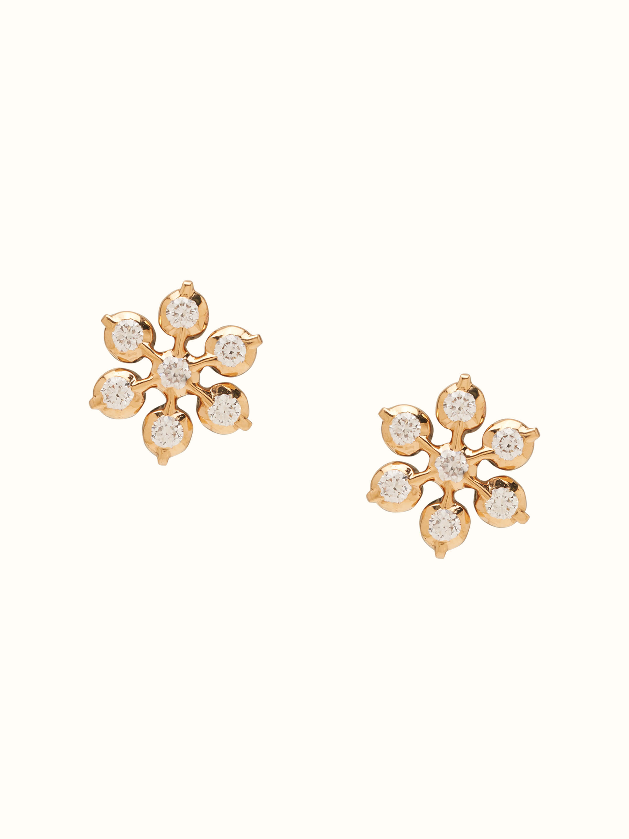 Front view of close-setting 22 karat gold studs highlighting compact form and brilliant gold luster