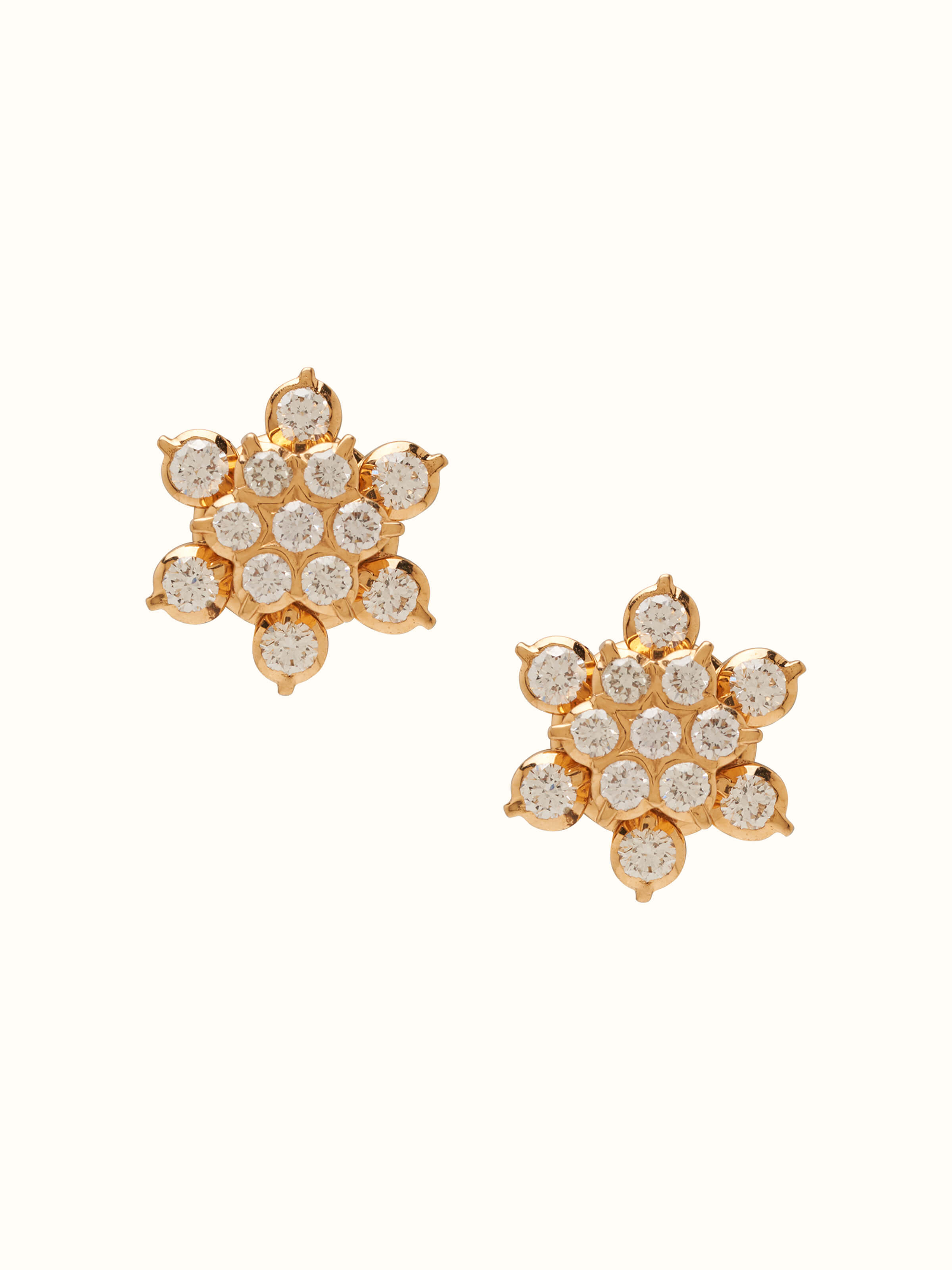 Front view of 22 karat gold studs with close-set design and polished gold surface