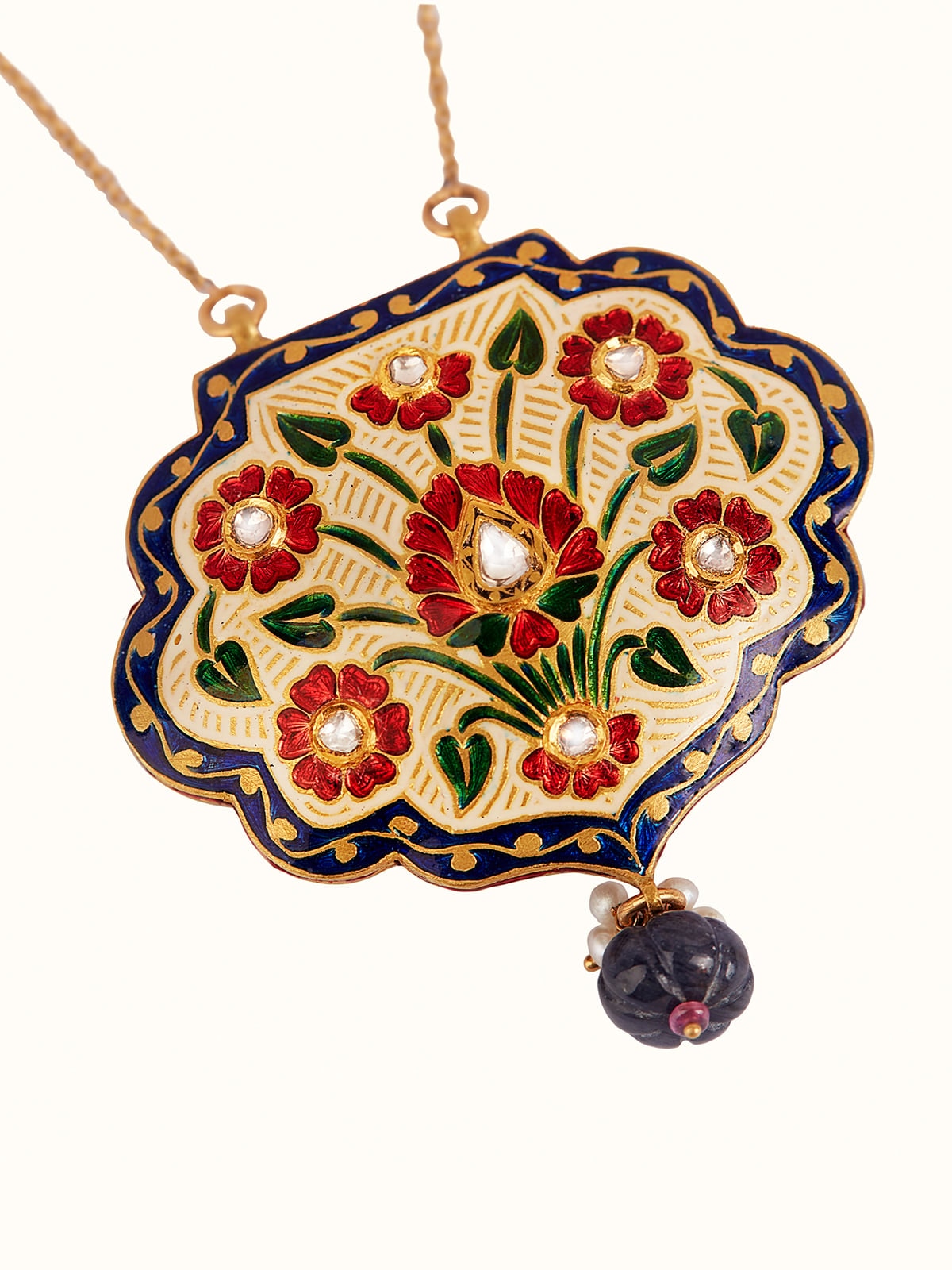 Close-up view of Meenakari 22 Karat Gold Pendant & Chain focusing on the pendant's intricate design and craftsmanship