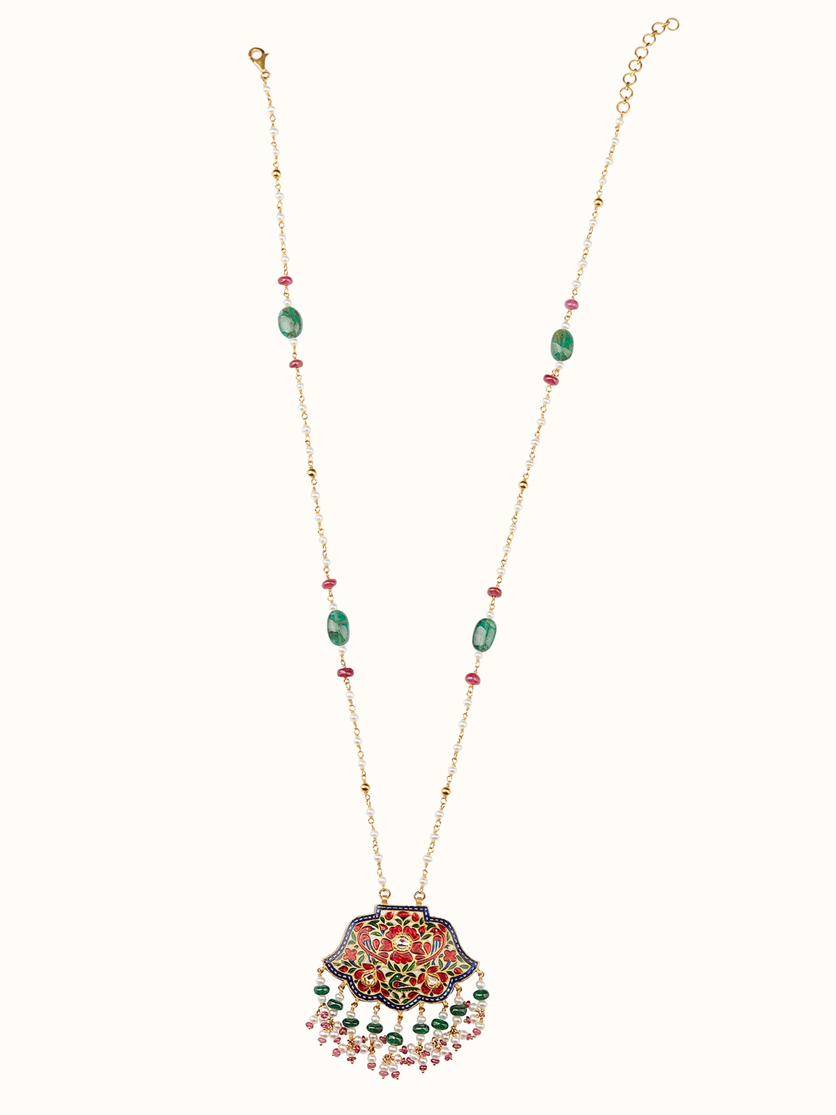 Front view of Jaipur Meenakari 22 Karat Gold Pendant & Chain featuring intricate Meenakari design and vibrant colors.