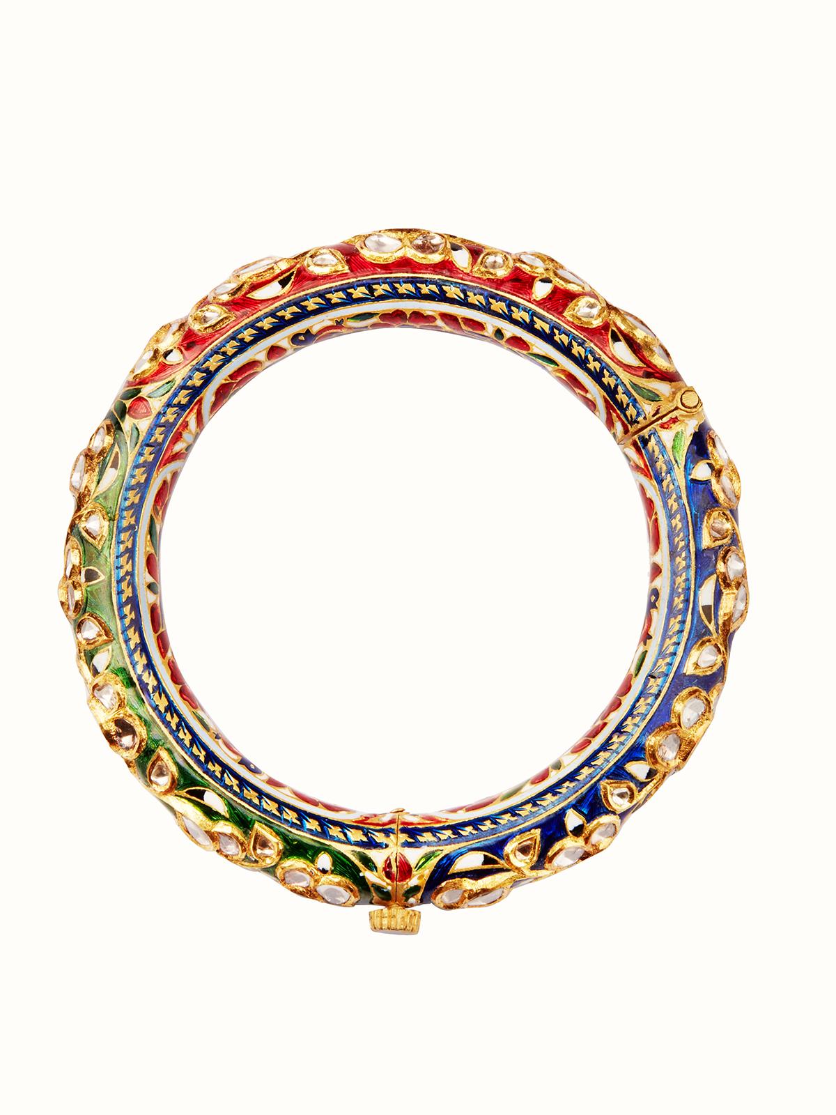 Front view of 22 Karat Gold Jaipur Meenakari Bangle with intricate enamel work.