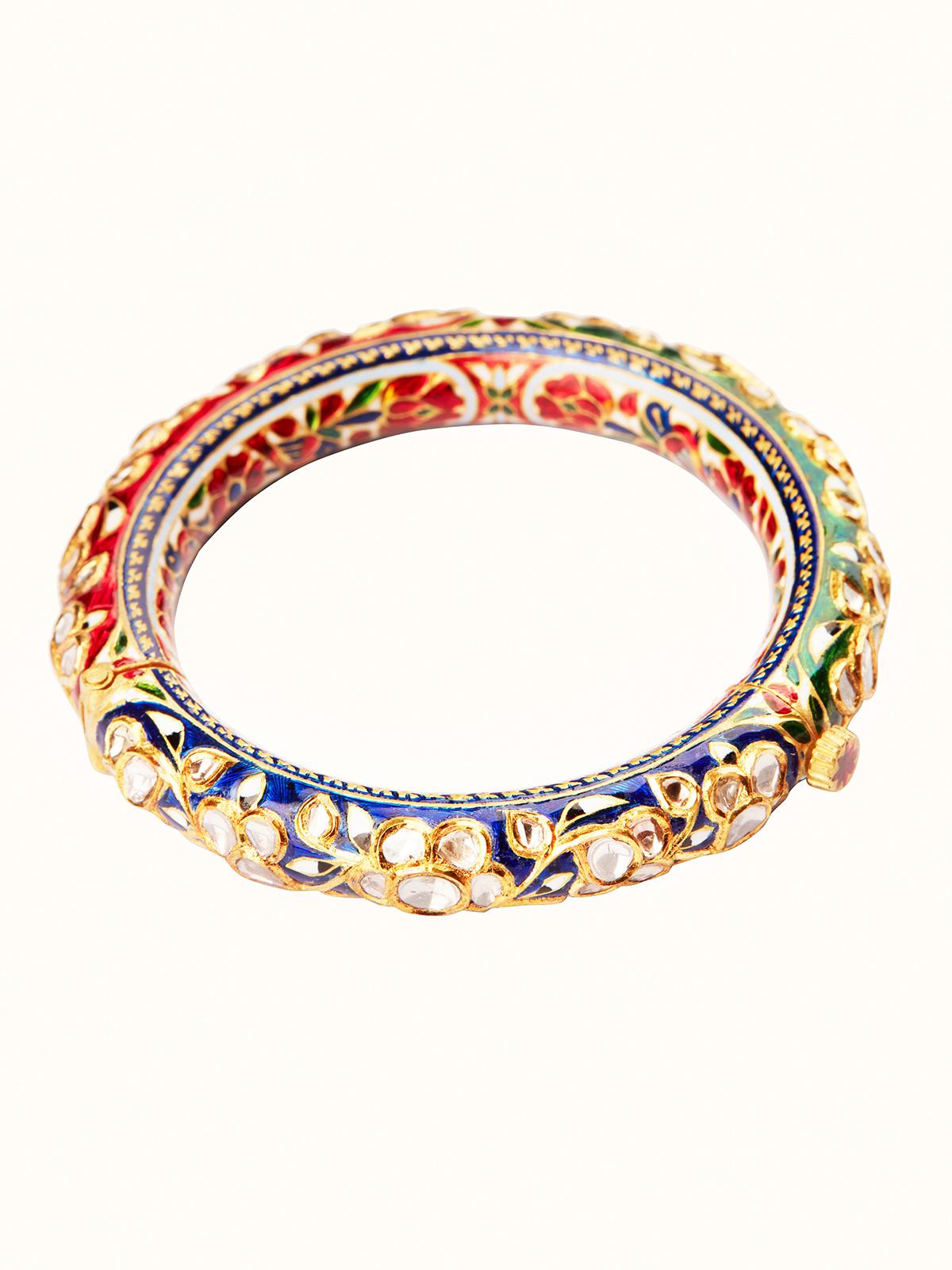Angled view of 22 Karat Gold Jaipur Meenakari Bangle highlighting its elegant design.