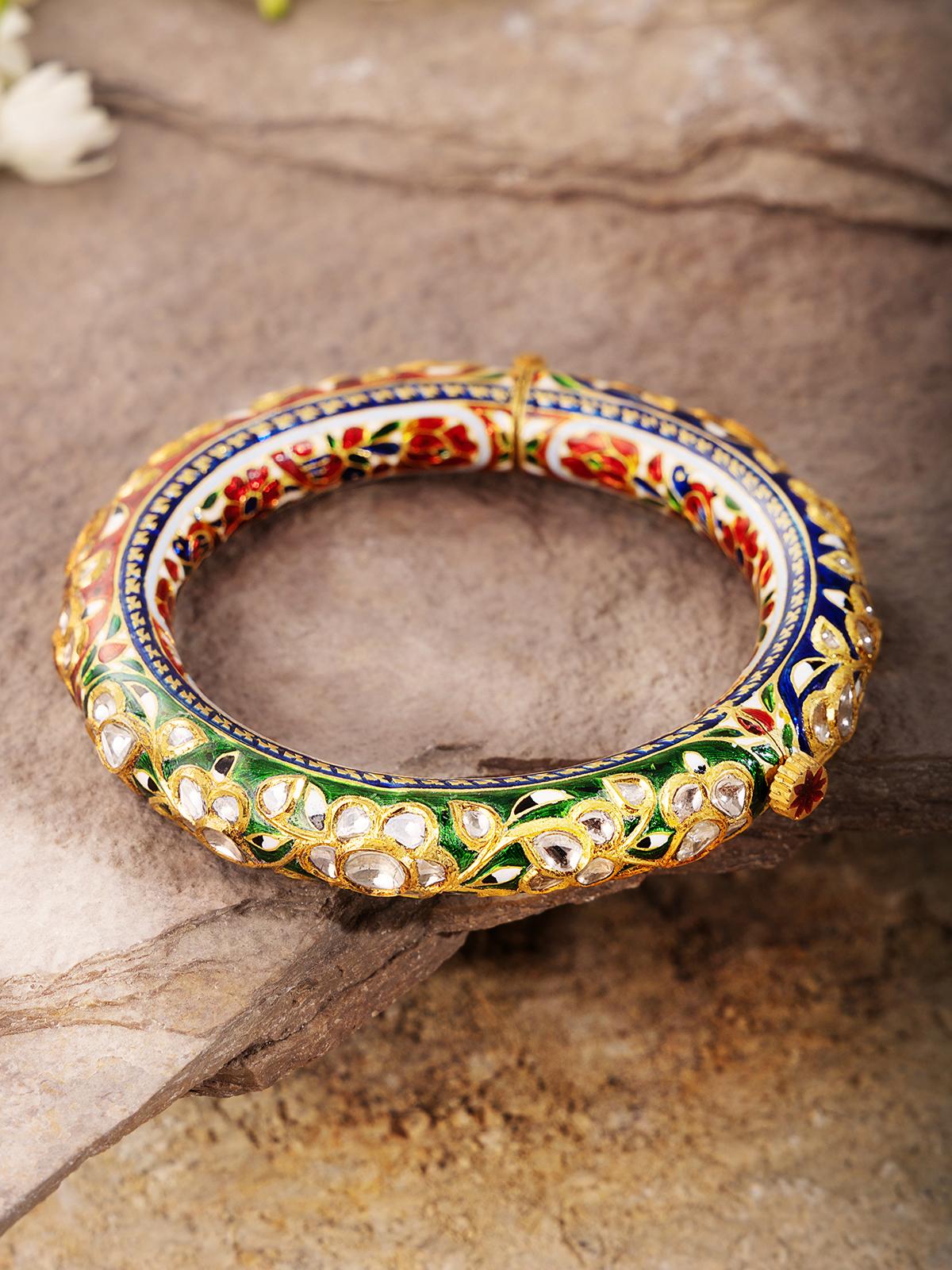 Detailed view of 22 Karat Gold Jaipur Meenakari Bangle focusing on intricate meenakari work.