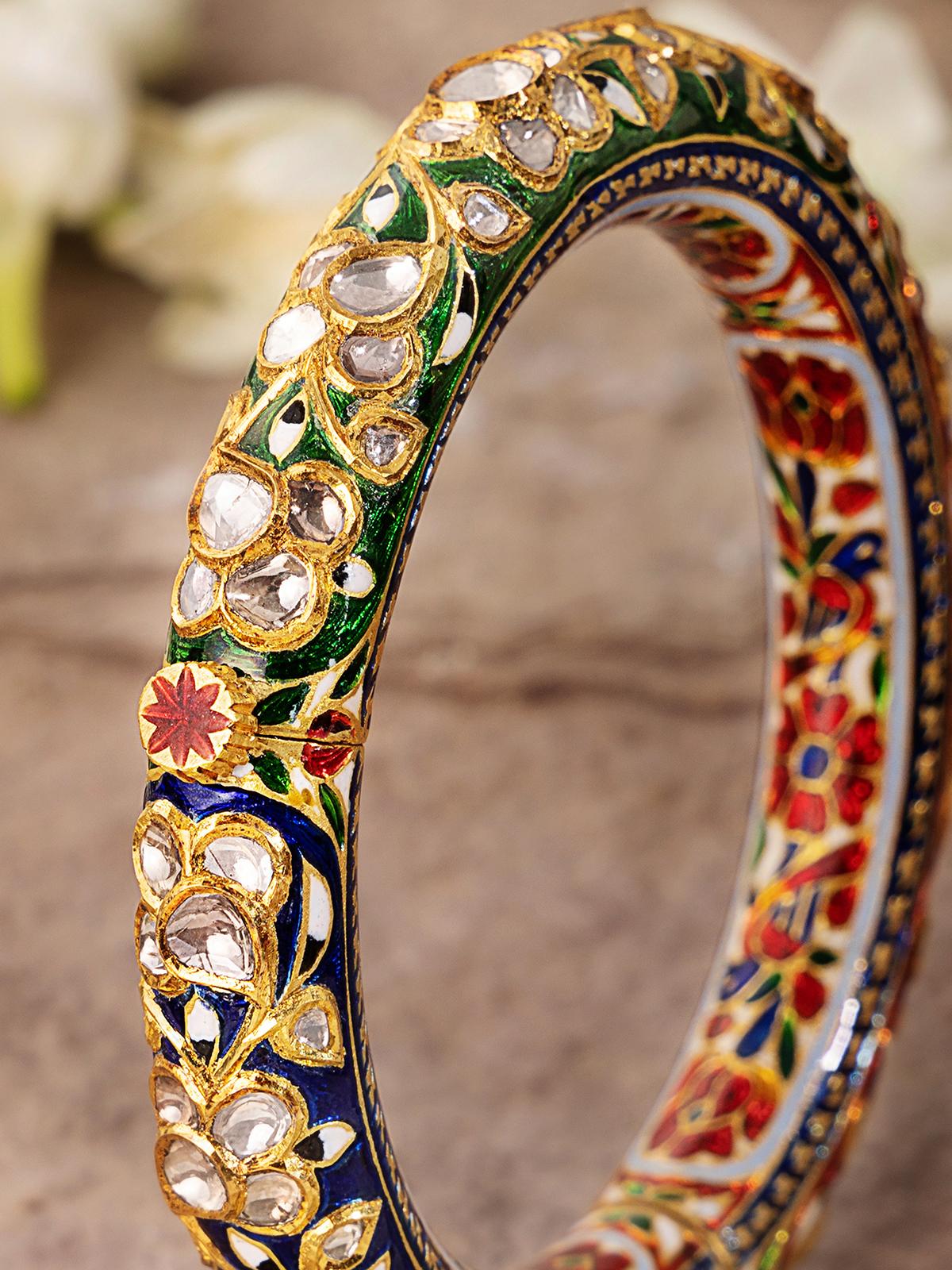 Top view of 22 Karat Gold Jaipur Meenakari Bangle showcasing its ornate design and fine detailing.