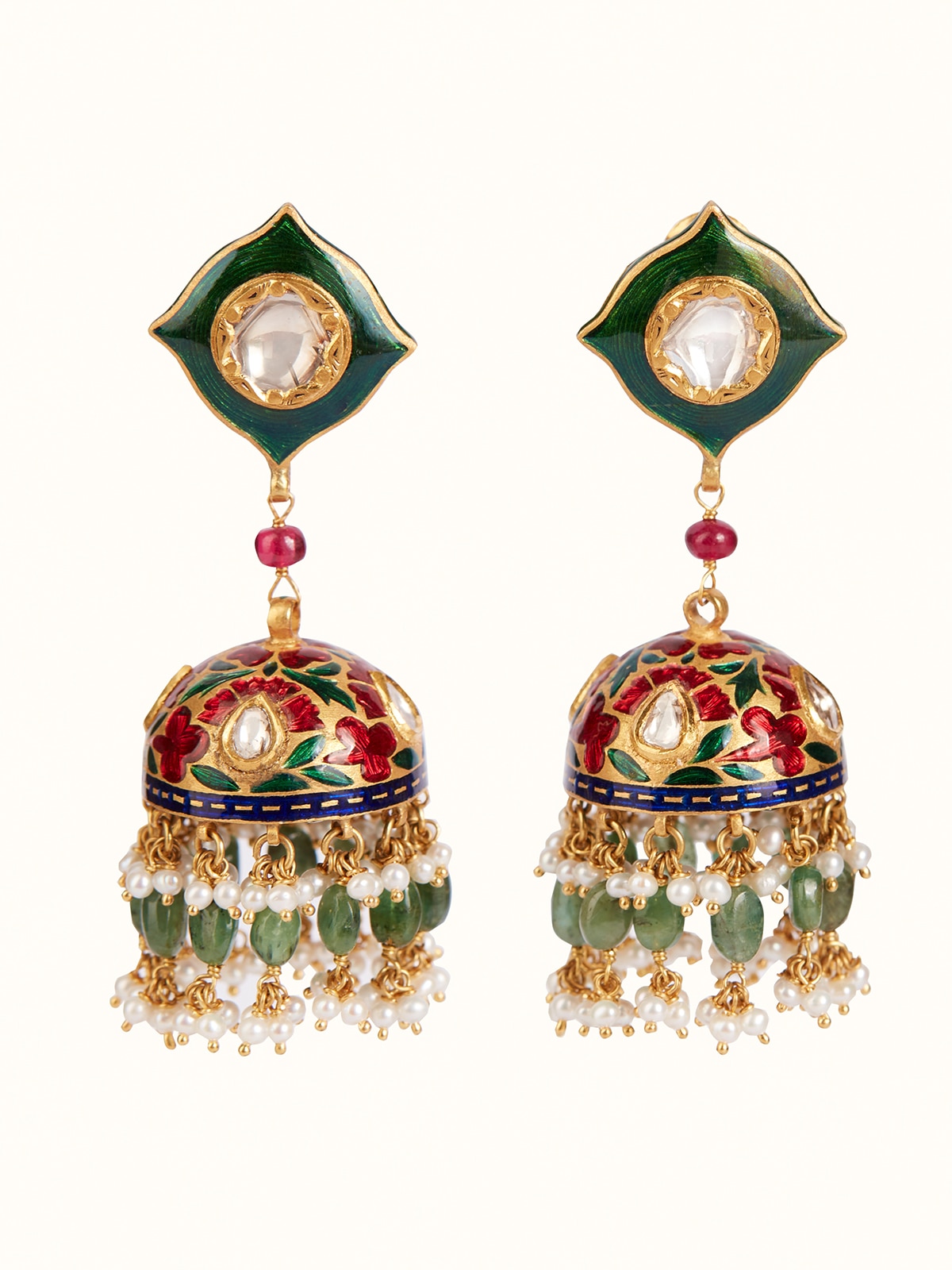 Front view of Meenakari 22 Karat Gold Jhumkas highlighting their intricate enamel work and golden shine