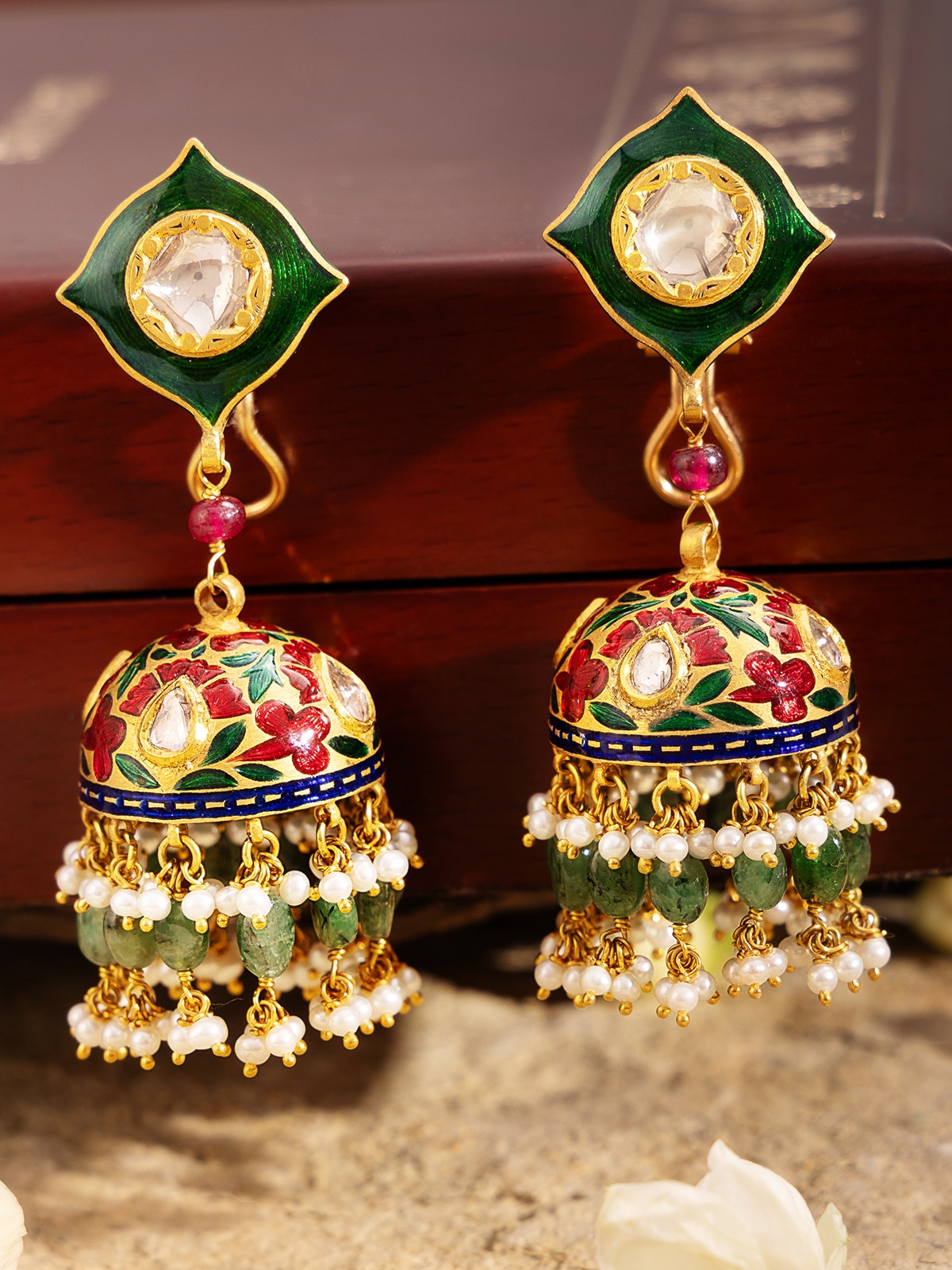 Close-up of Meenakari 22 Karat Gold Jhumkas showing the fine details and vibrant colors of the enamel work