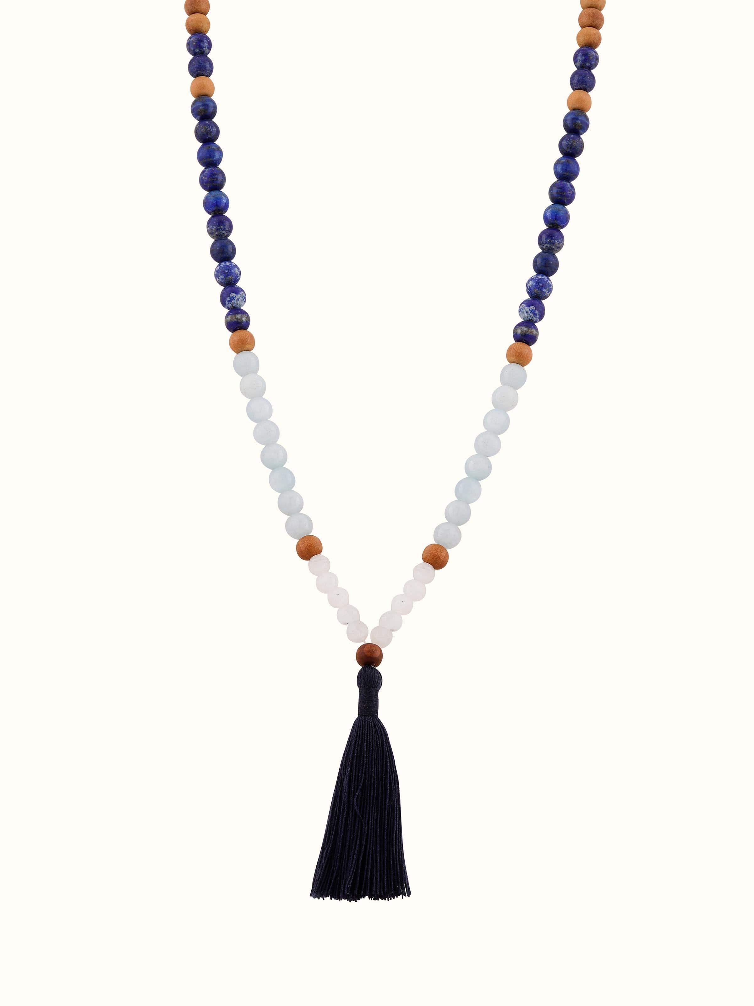 Front view of Lapis Lazuli, Aquamarine & White Moonstone Mala showing the vibrant beads and silver spacers.
