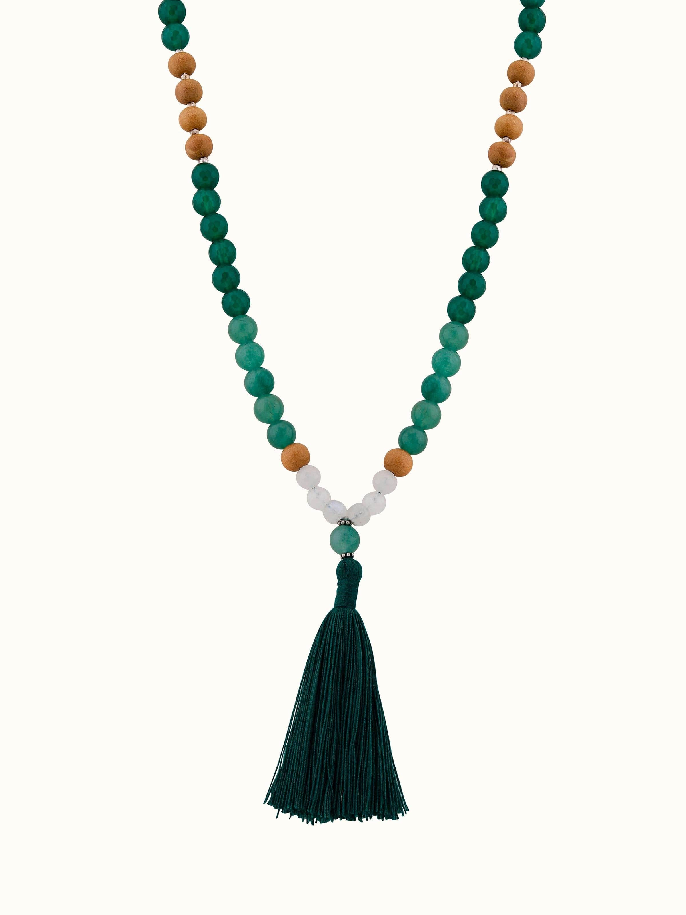 Front view of Green Onyx, Green Aventurine & White Moonstone Silver Mala showcasing its vibrant colors and design
