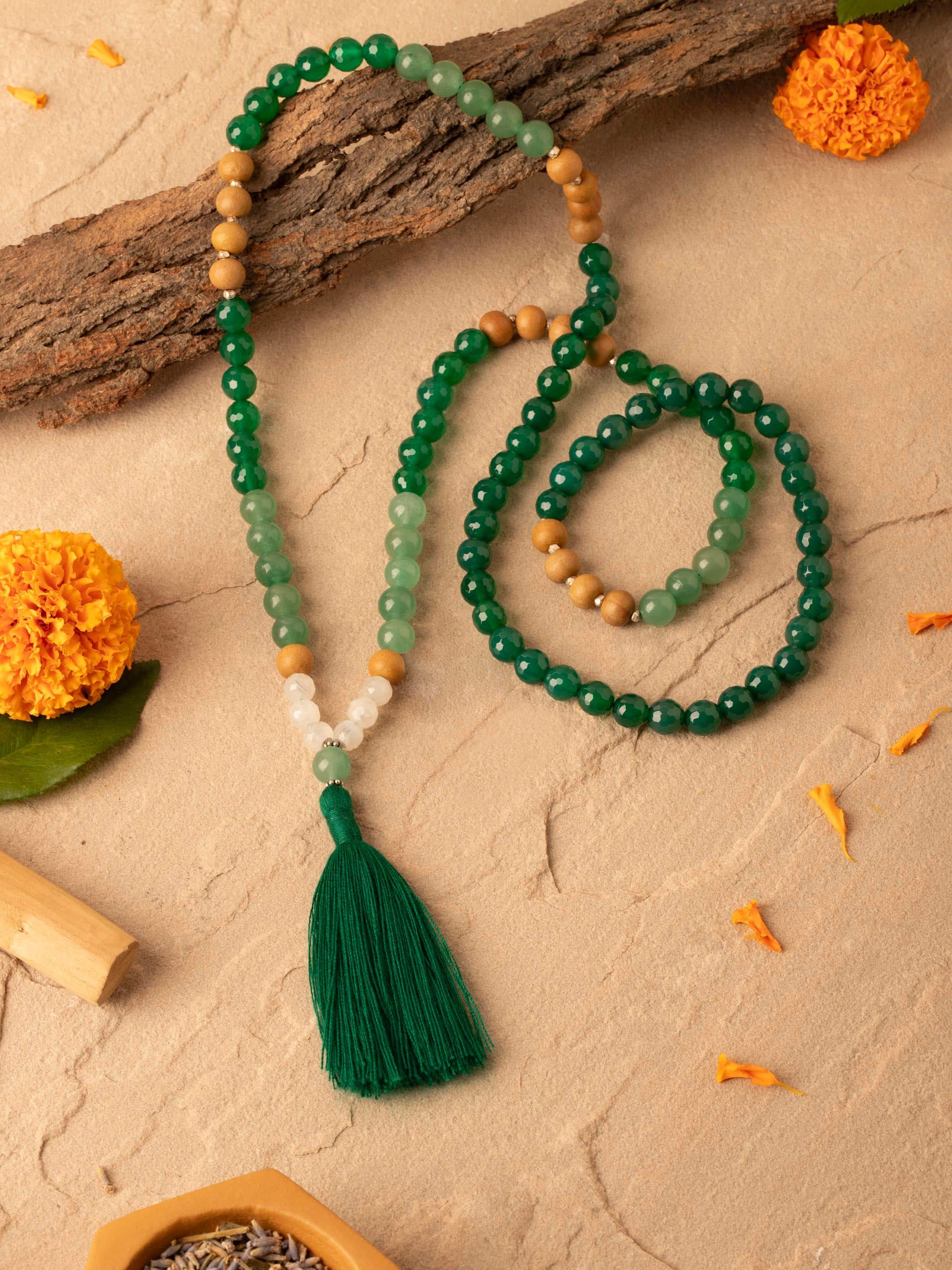 Close-up of Green Onyx, Green Aventurine & White Moonstone Silver Mala highlighting the gemstone details