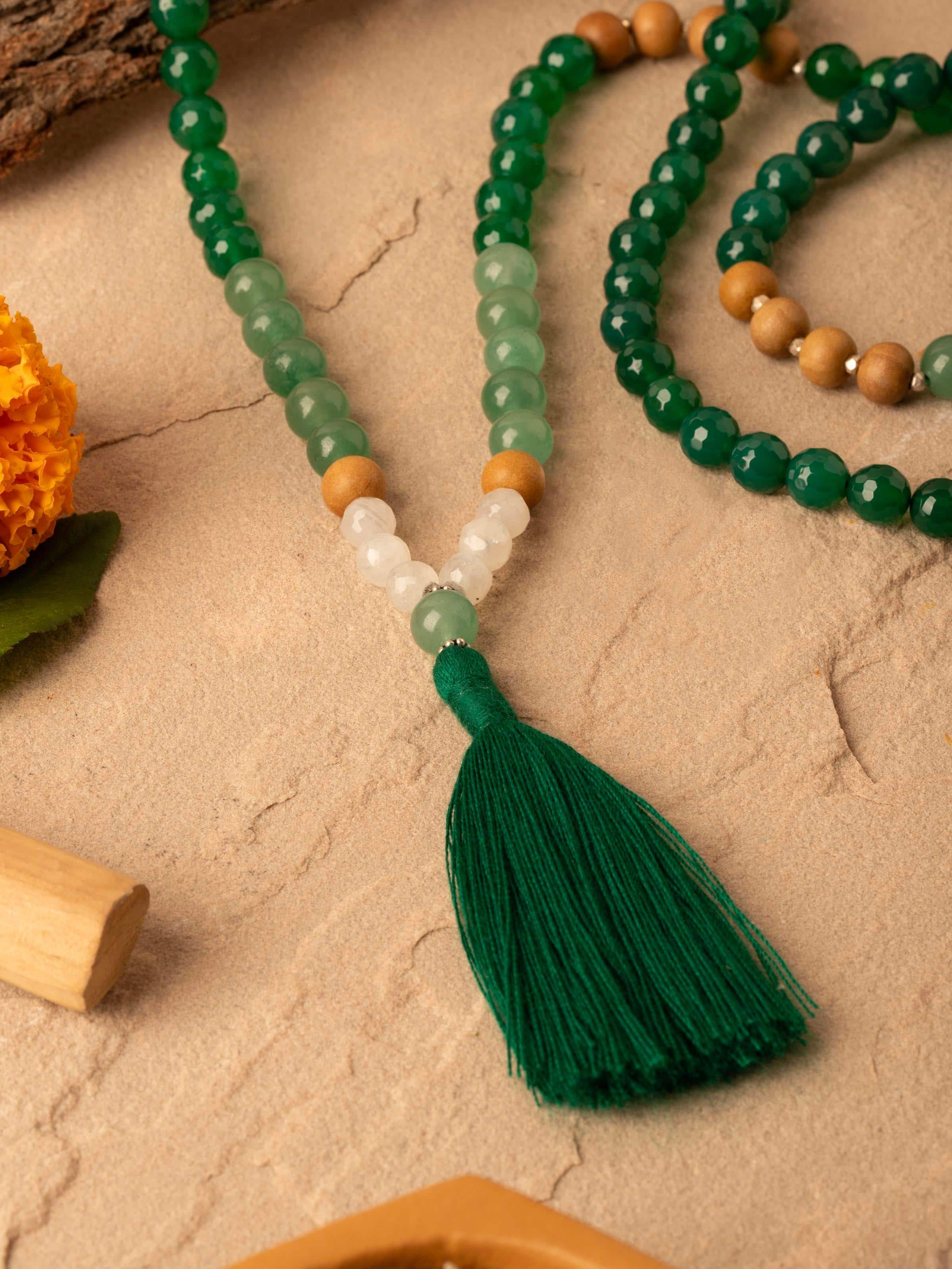 Back view of Green Onyx, Green Aventurine & White Moonstone Silver Mala showcasing the craftsmanship and finish