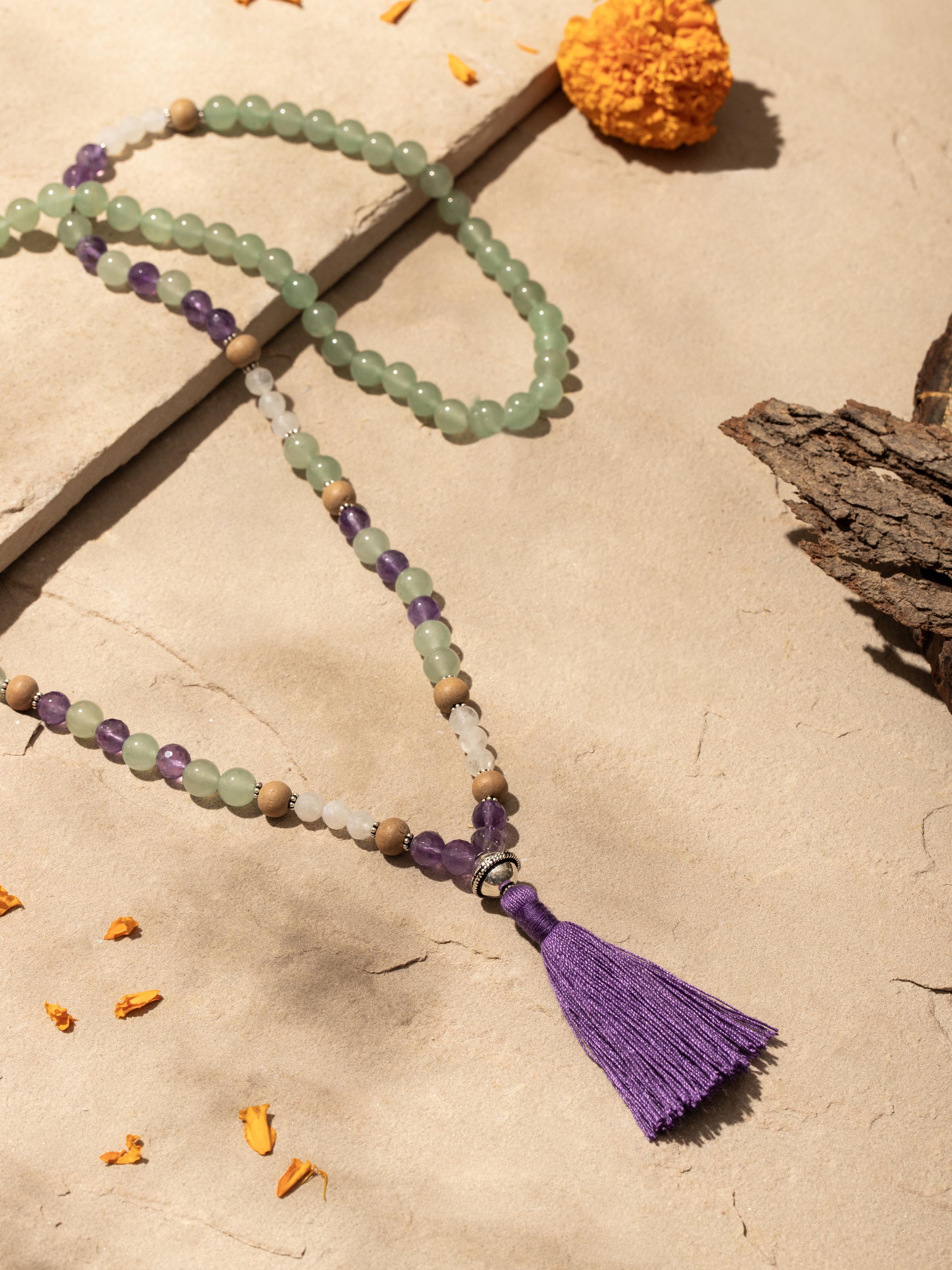 Side view of Amethyst, Green Aventurine & White Moonstone Silver Bracelet highlighting gemstone arrangement