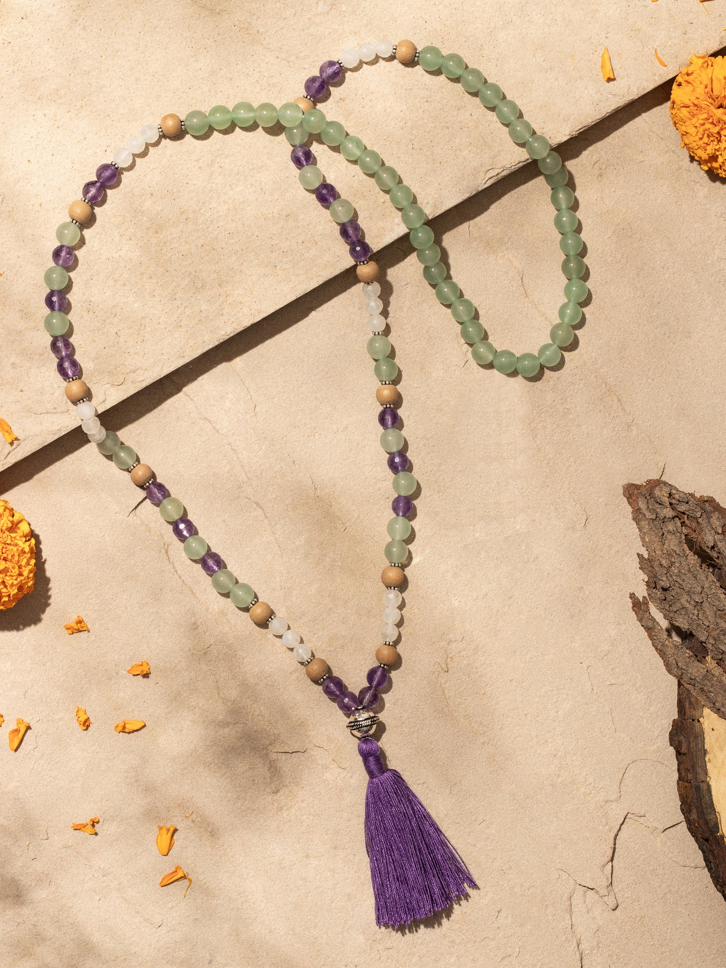 Close-up view of Amethyst, Green Aventurine & White Moonstone Silver Bracelet showcasing detailed craftsmanship