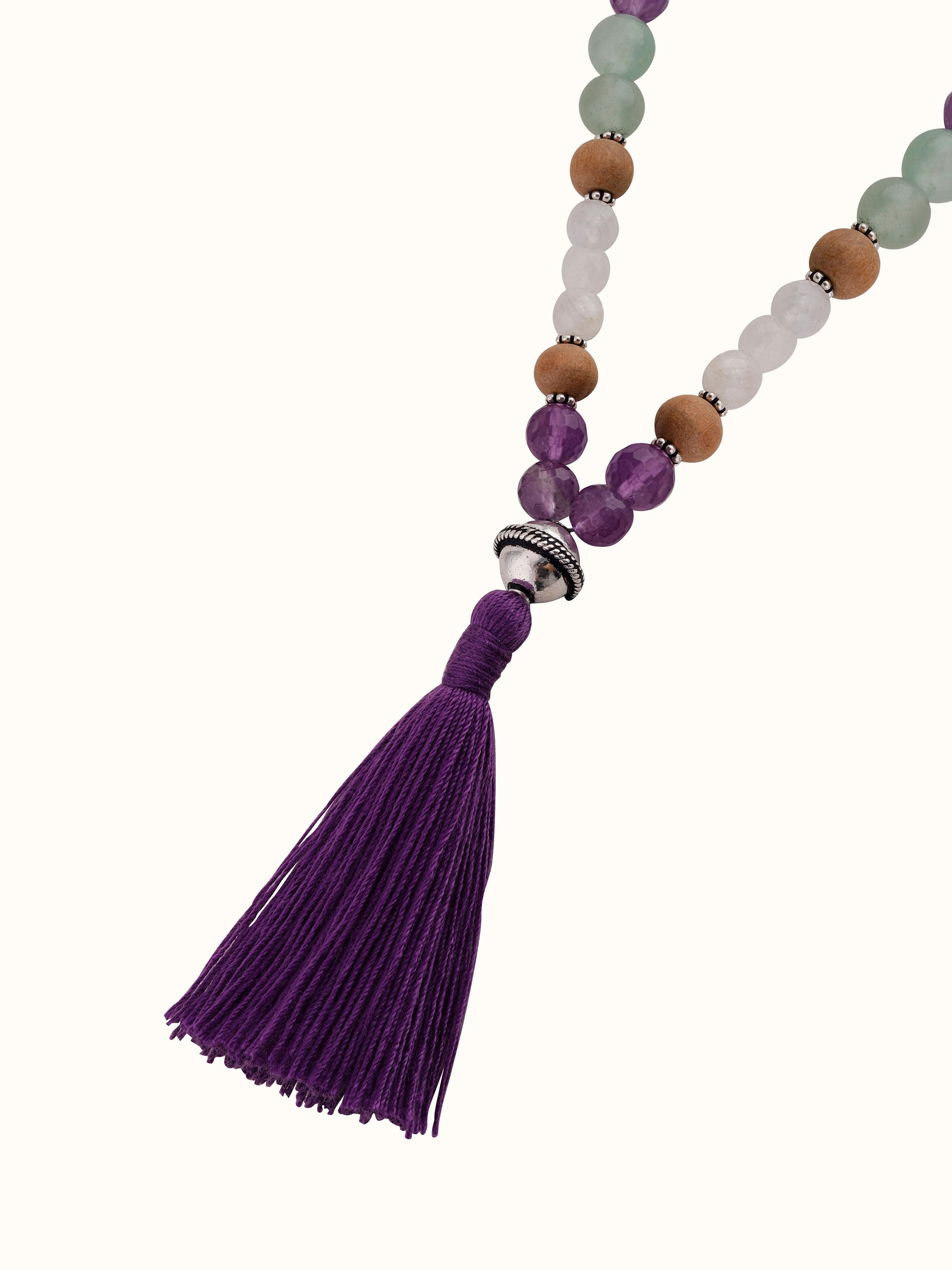 Overhead view of Amethyst, Green Aventurine & White Moonstone Silver Bracelet showcasing gemstone and silver work