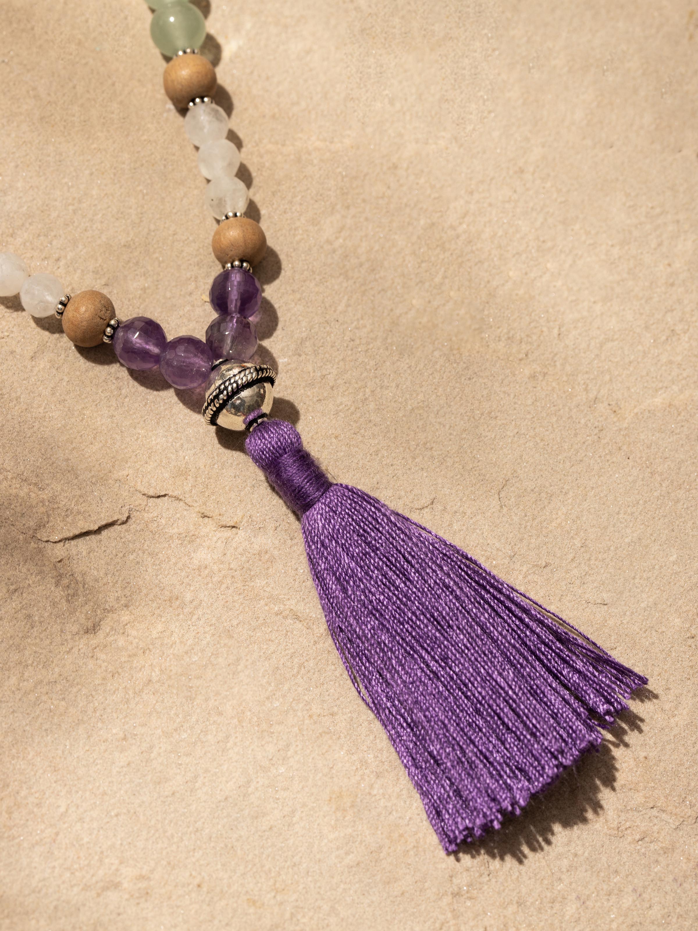 Detail shot of Amethyst, Green Aventurine & White Moonstone Silver