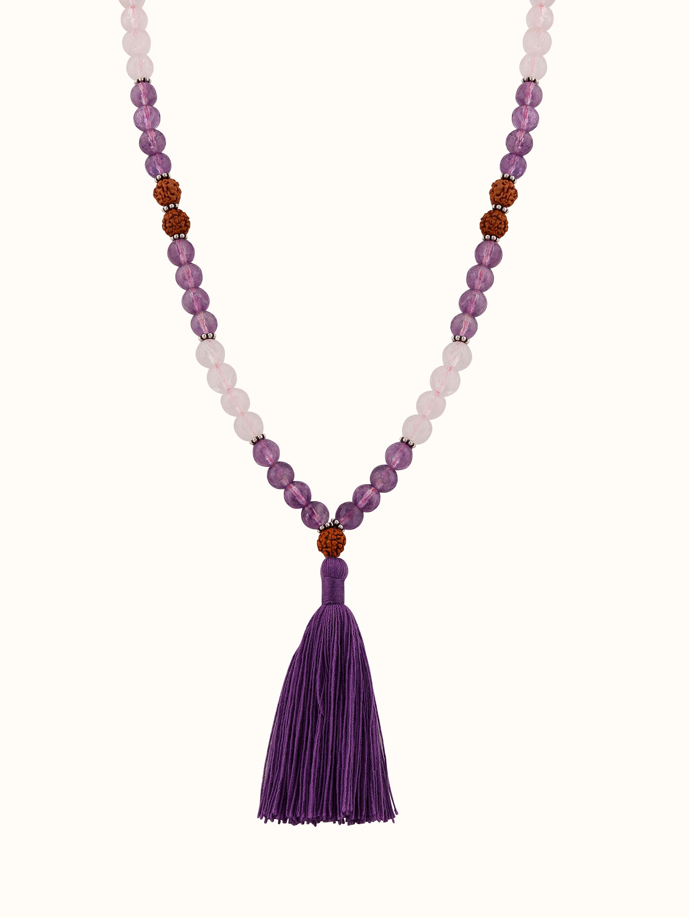 Front view of Amethyst, Rose Quartz & Rudraksha Silver Mala showing the beads' colorful arrangement and silver accents.