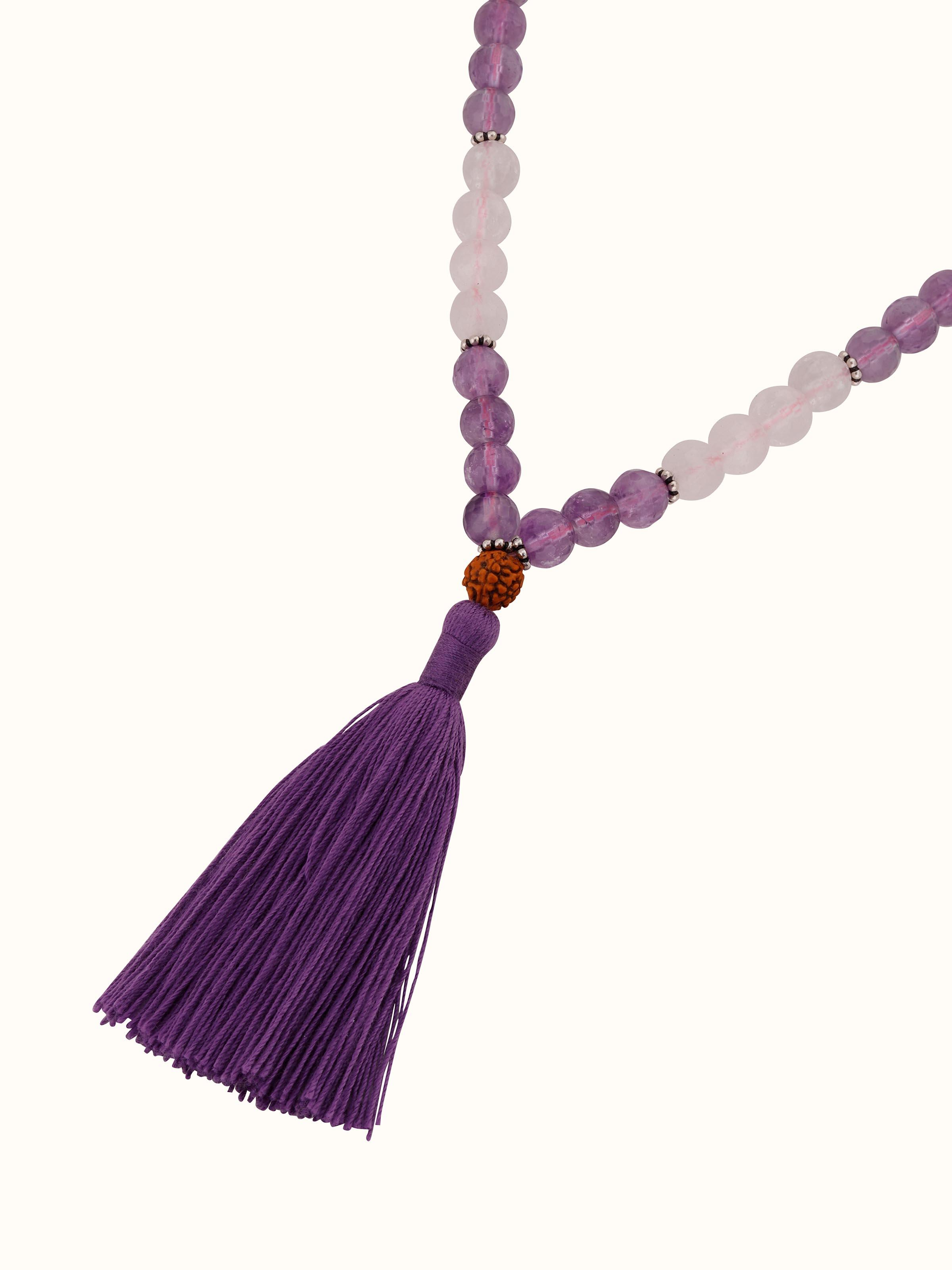 Top view of Amethyst, Rose Quartz & Rudraksha Silver Mala showcasing the overall layout of the beads.