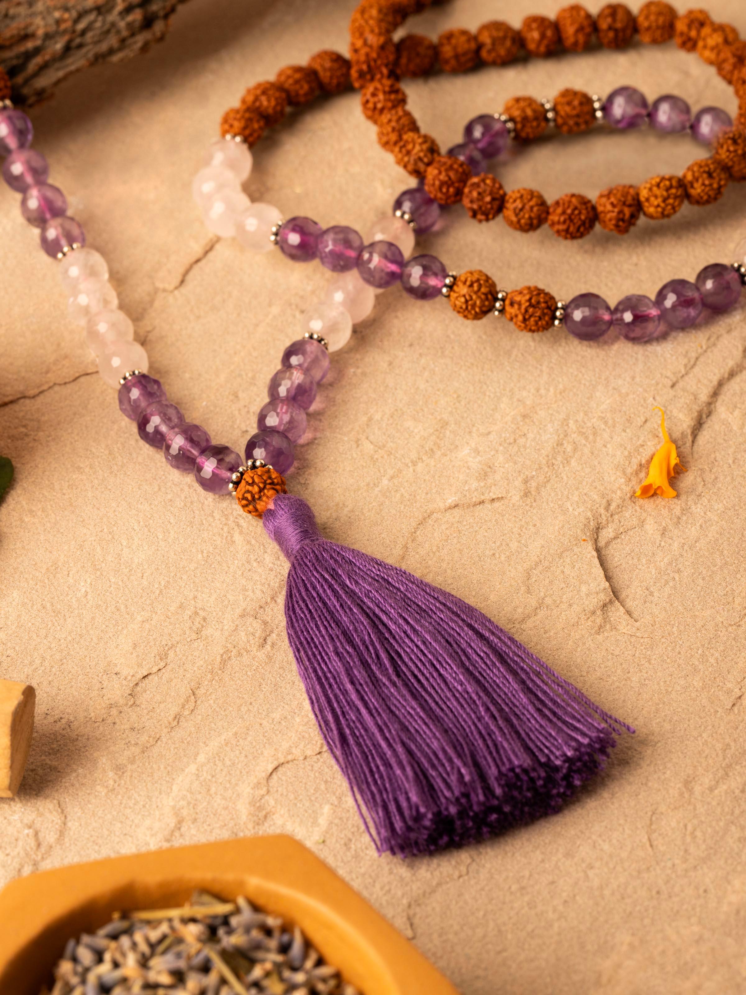 Back view of Amethyst, Rose Quartz & Rudraksha Silver Mala displaying the clasp and securing details.