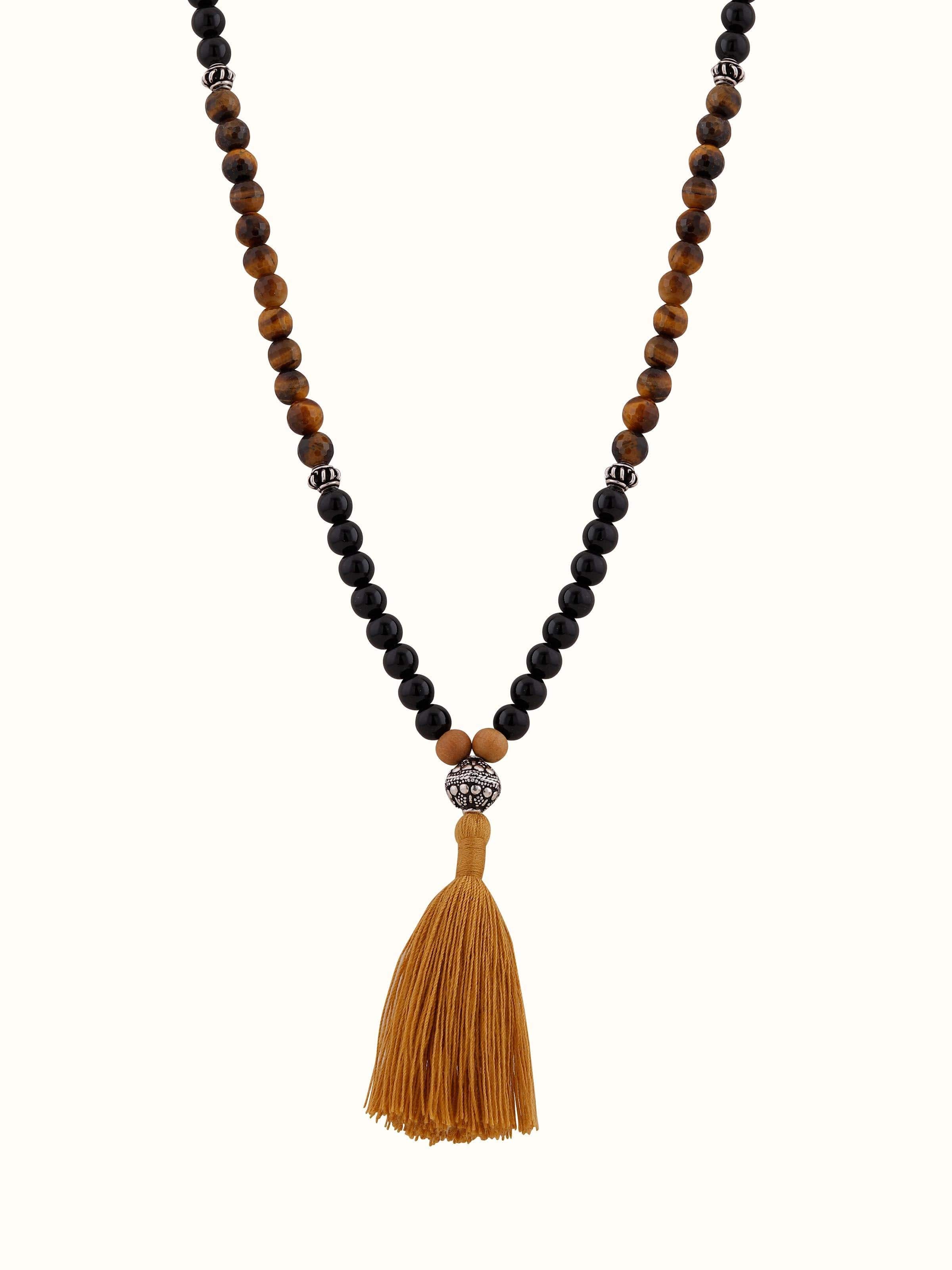 Front view of Tiger Eye & Black Onyx Silver Mala displaying the beads' intricate patterns and shiny silver accents.