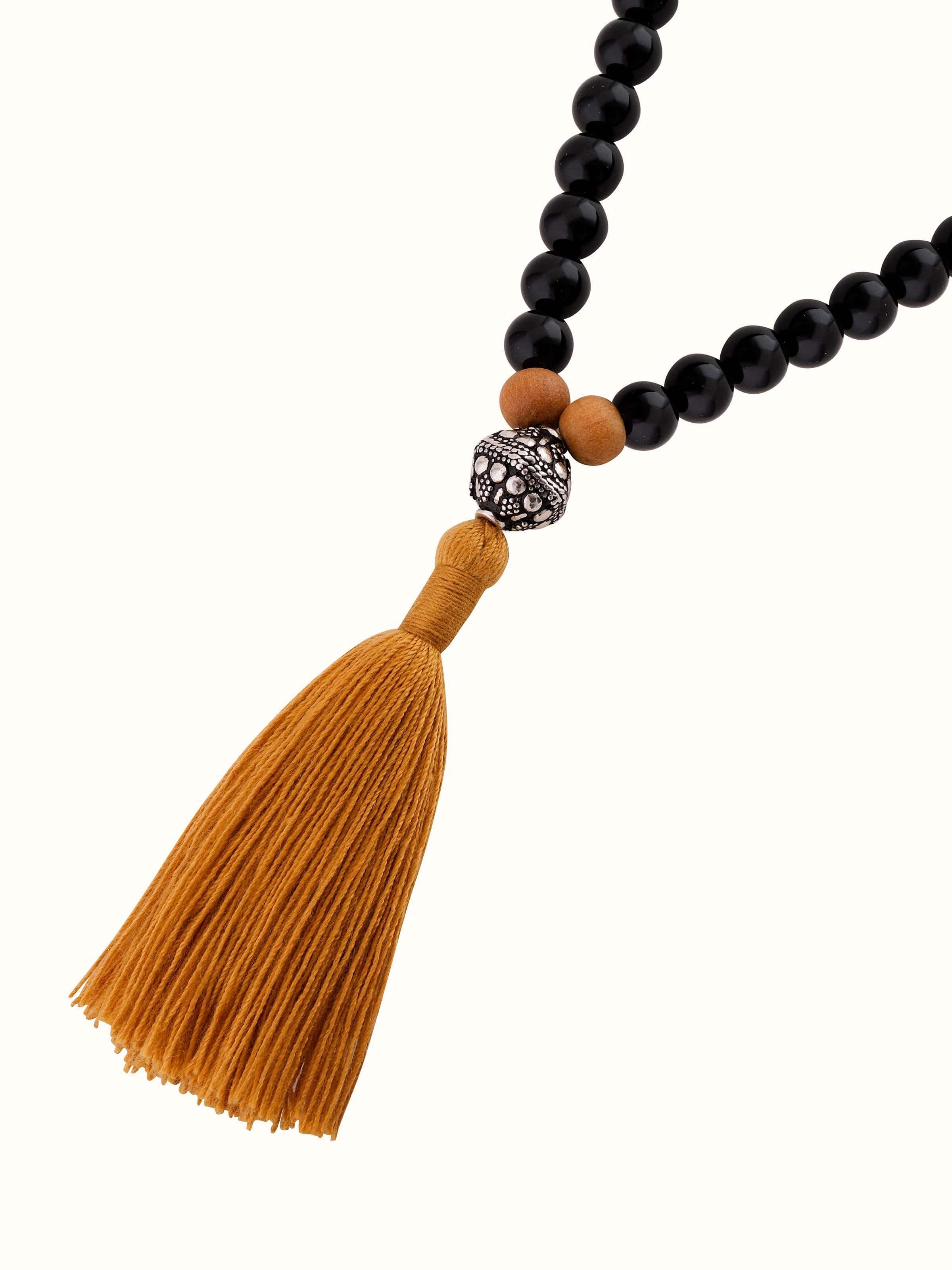Top view of Tiger Eye & Black Onyx Silver Mala showing the overall layout and arrangement of the beads.