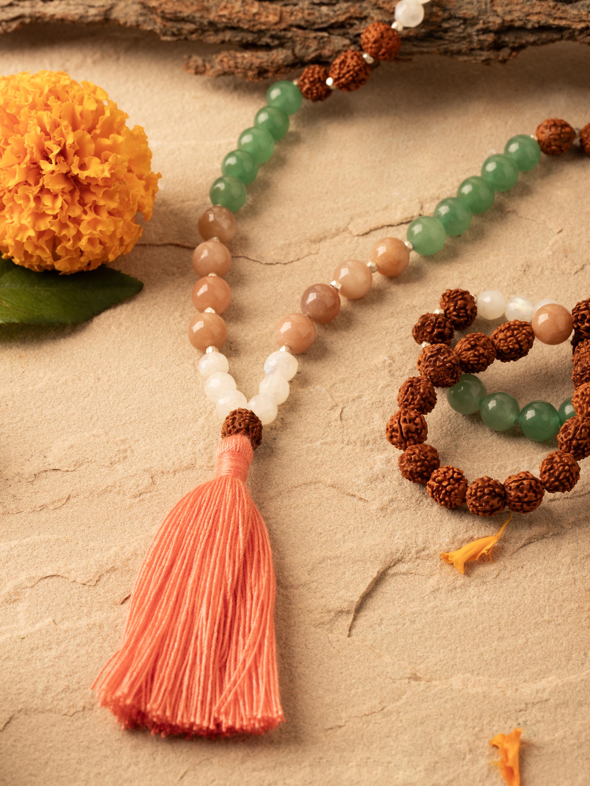 Detailed view of Peach & White Moonstone, Green Aventurine & Rudraksha Silver Mala focusing on the bead arrangement and texture.
