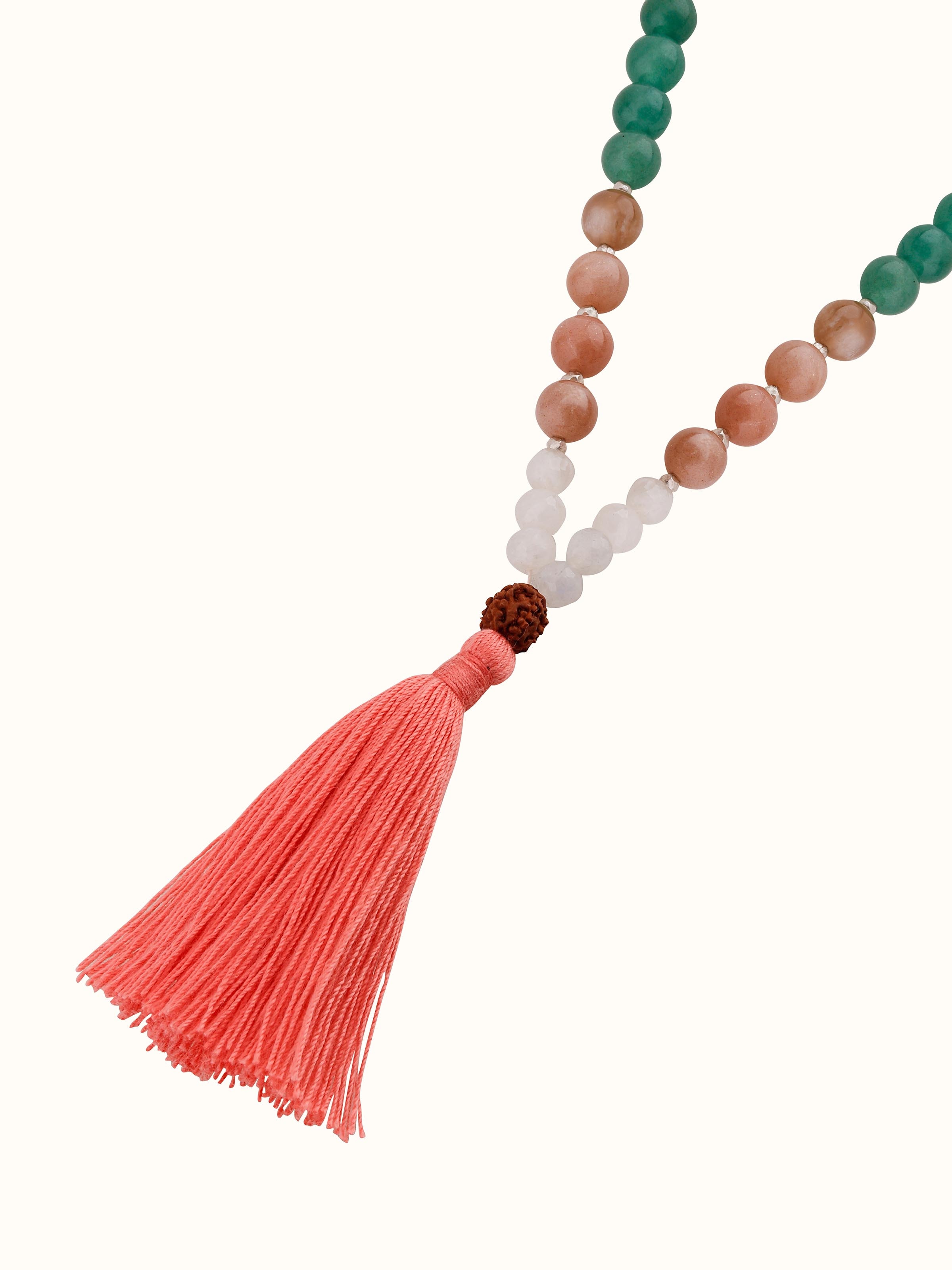 Overhead view of Peach & White Moonstone, Green Aventurine & Rudraksha Silver Mala showing the full circular layout and design.